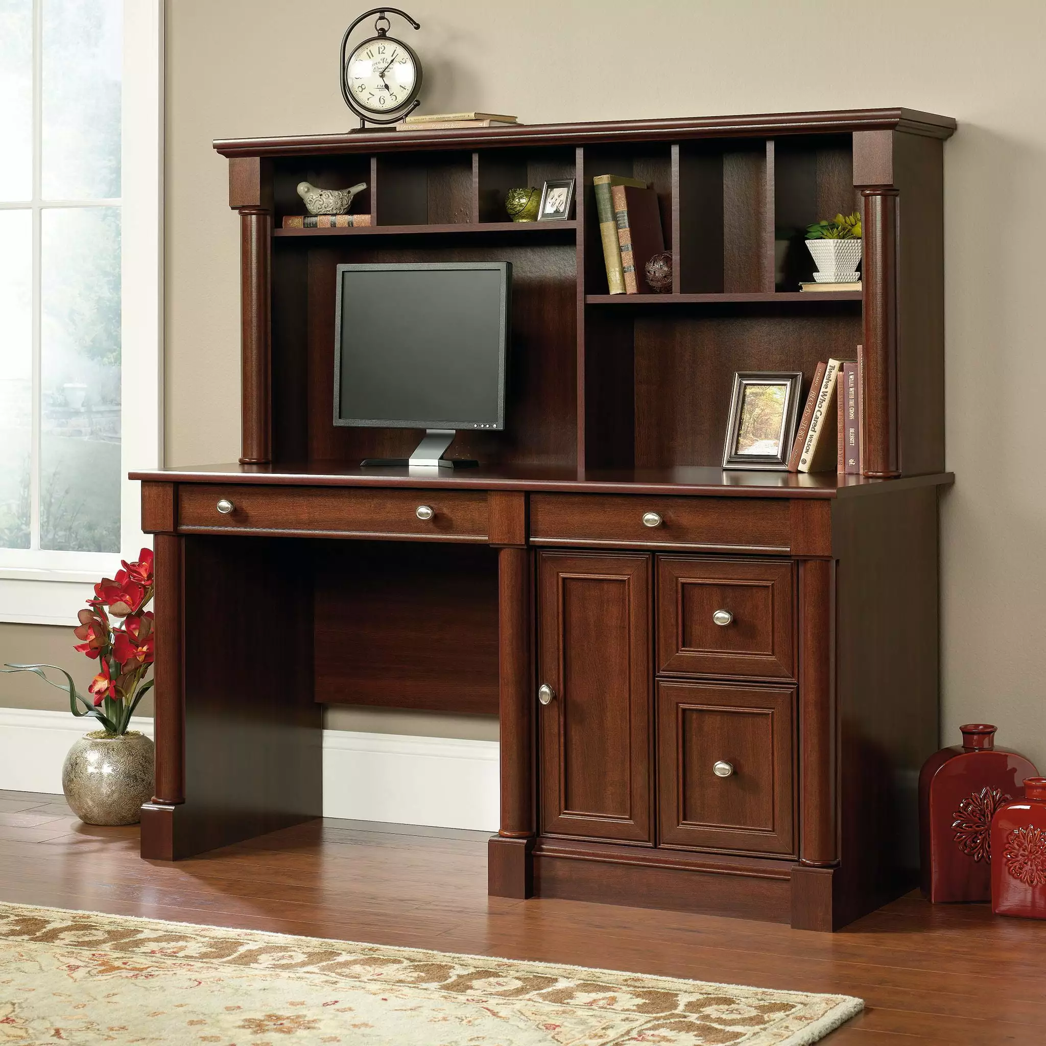 Sauder Palladia Computer Desk And Hutch. Select Cherry Finish