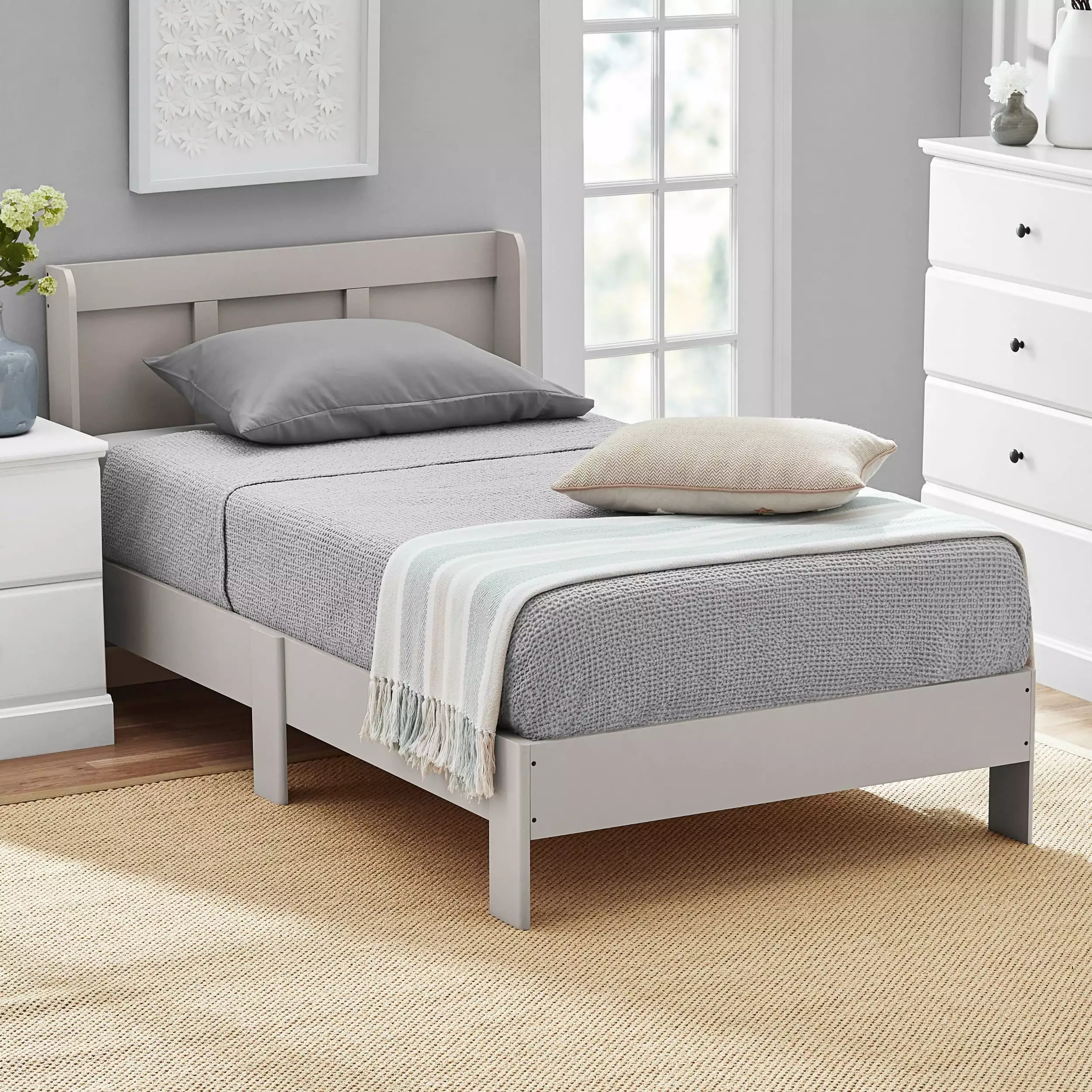 Sauder Parklane Platform Twin Bed with Headboard. Cobblestone (Mattresses Not Included)