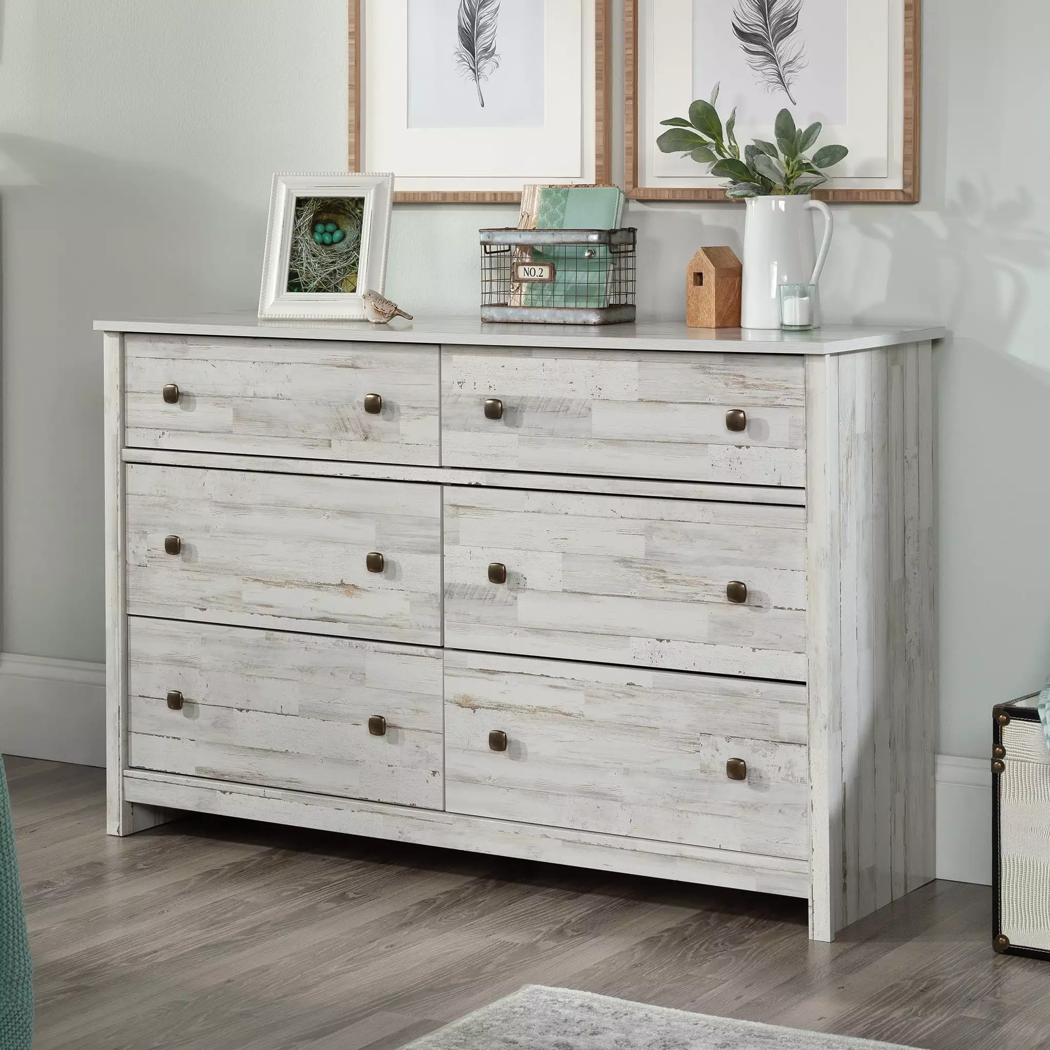 Sauder River Ranch Rustic 6-Drawer Bedroom Dresser. White Plank Finish