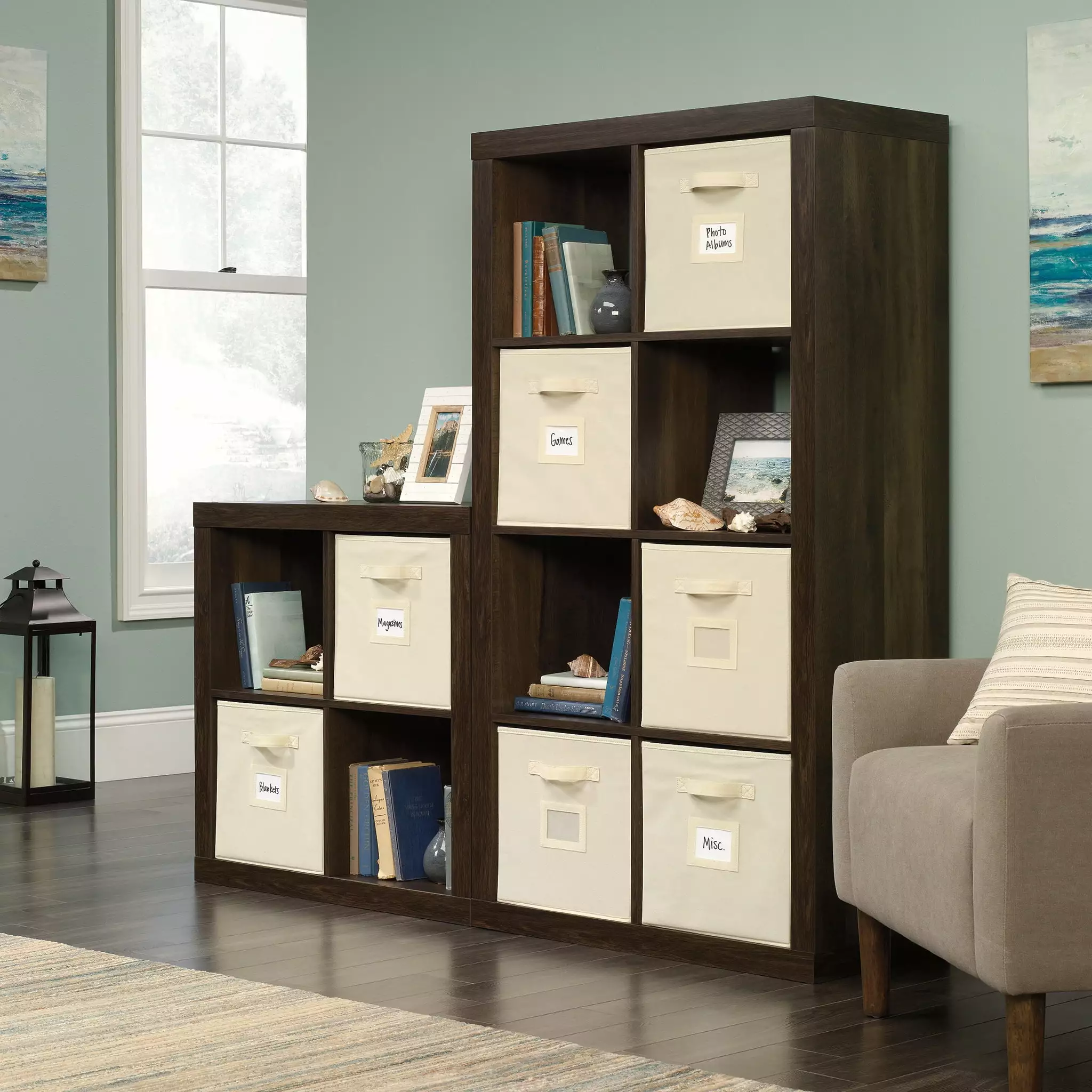 Sauder Stow-Away Storage 8-Cube Organizer. Smoked Oak Finish