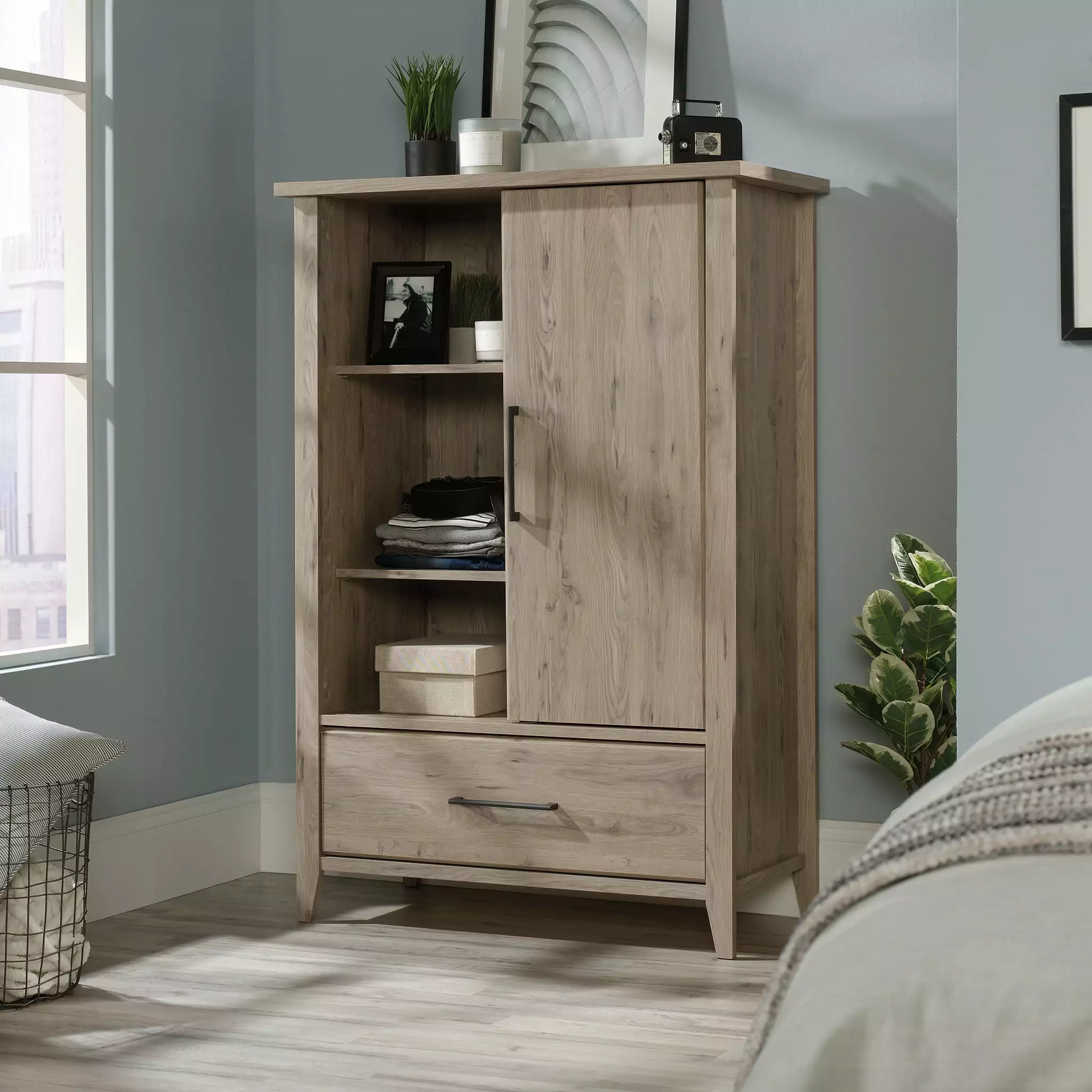 Sauder Summit Station Wood Armoire with 1 Door. 1 Drawer & 3 Cubbies. Laurel Oak Finish