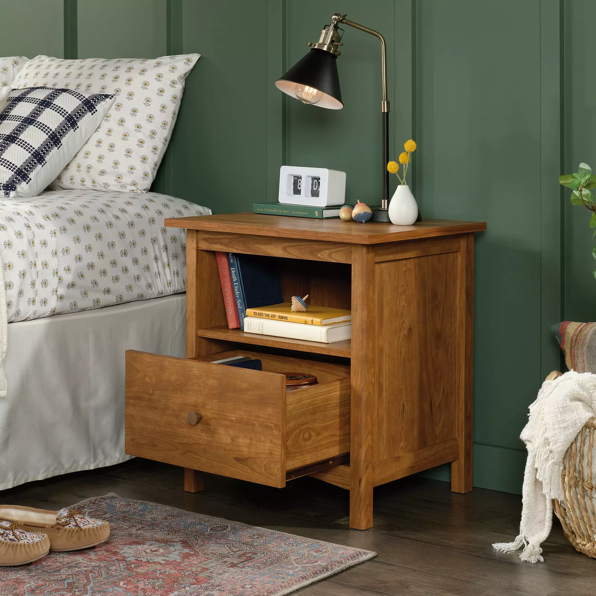 Sauder Union Plain Nightstand with Drawer. Prairie Cherry Finish