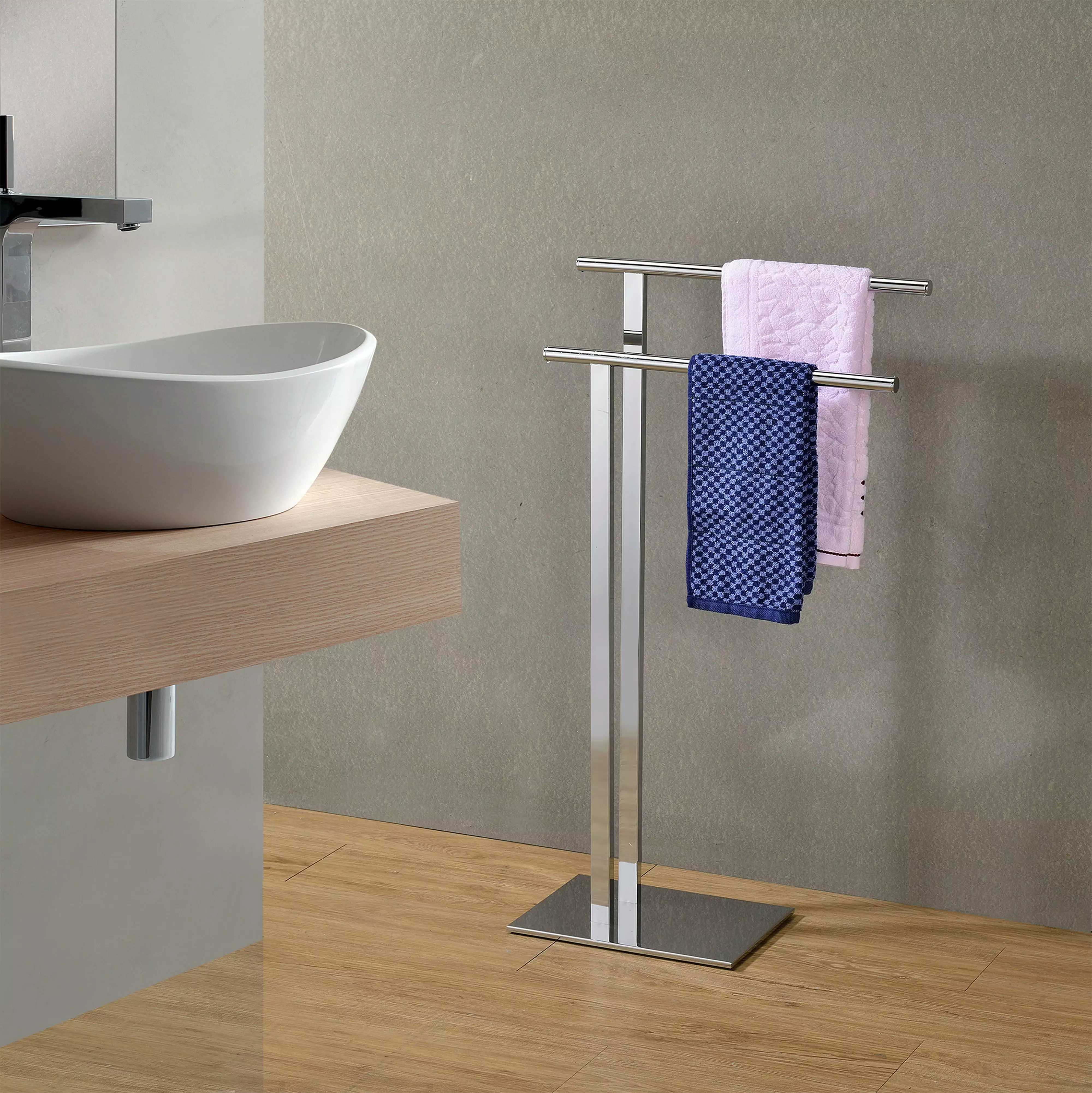 Schlesinger Stainless Steel Freestanding Bathroom Towel Rack with Two Bars