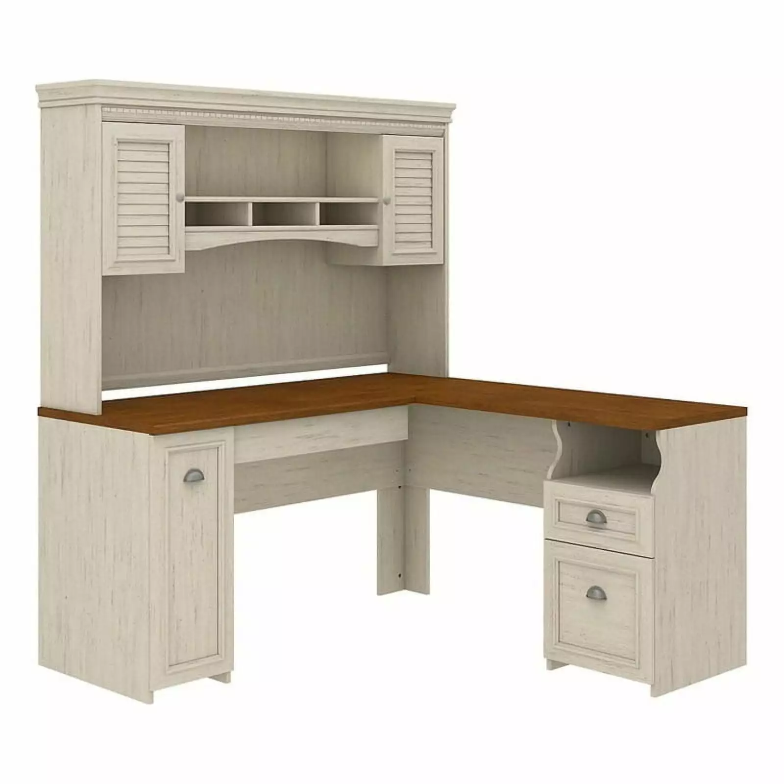 Scranton & Co Farmhouse Wood L Shaped Desk with Hutch in Antique White