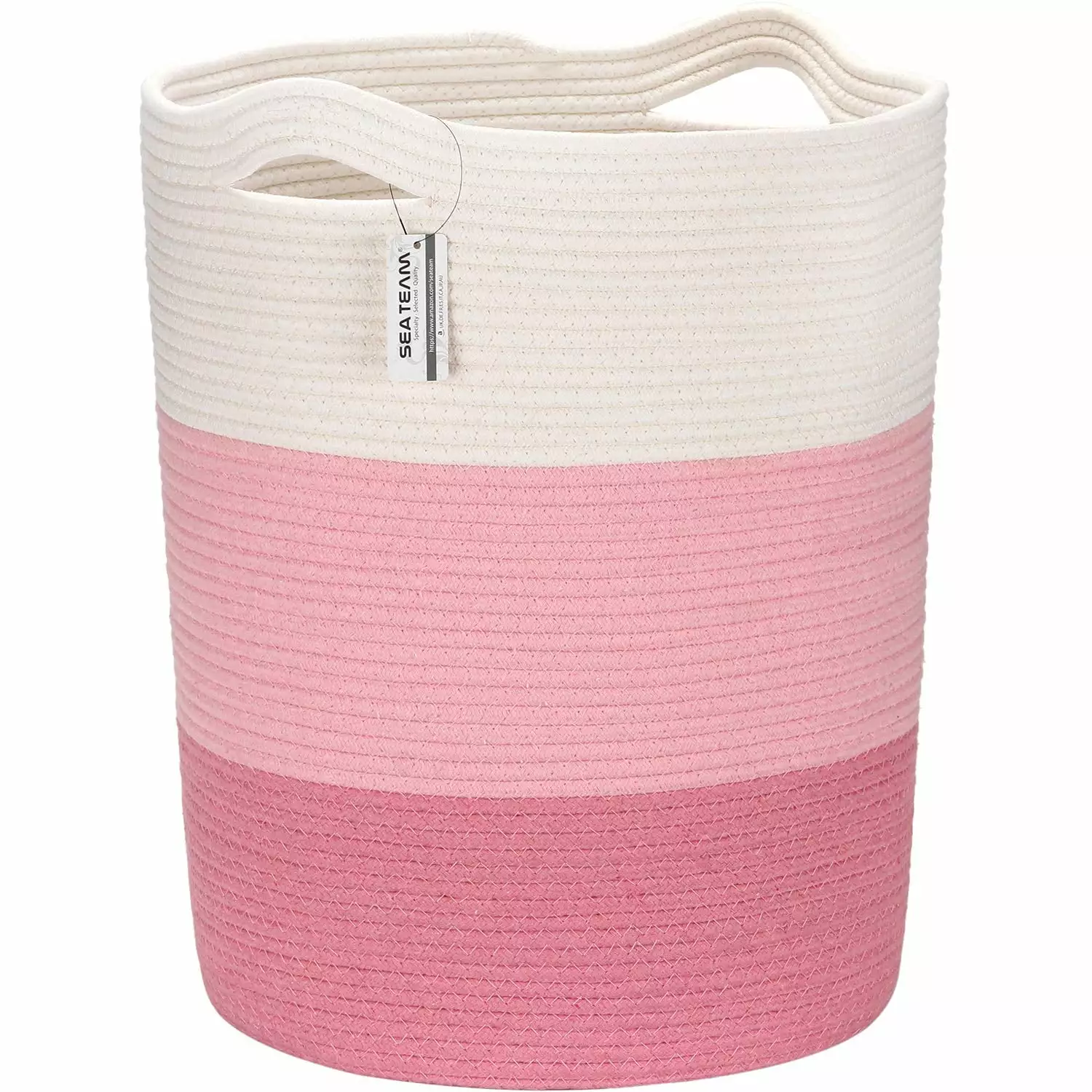 Sea Team Large Size Cotton Rope Woven Storage Basket with Handles. Laundry Hamper. Fabric Bucket. Drum. Clothes Toys Organizer for Kid's Room. 20 x 14 inches. Round Open Design. White & Pink