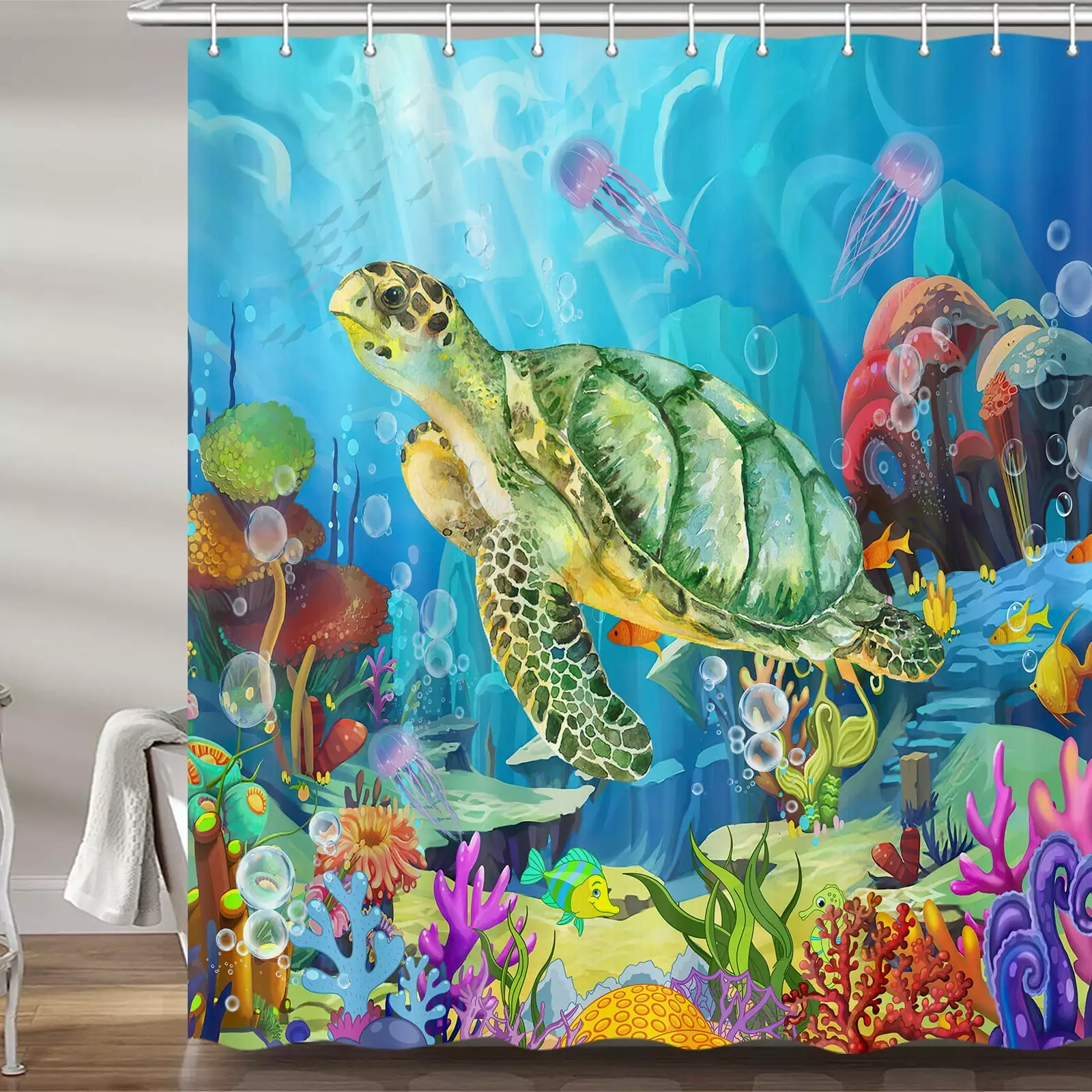 Sea Turtle Shower Curtain for Kids Bathroom. Tropical Fish Turtle Blue Sea Ocean Beach Coastal Fabric Shower Curtains Set. Summer Beachy Nautical Restroom Decor Accessories with Hooks 72X 72 inch