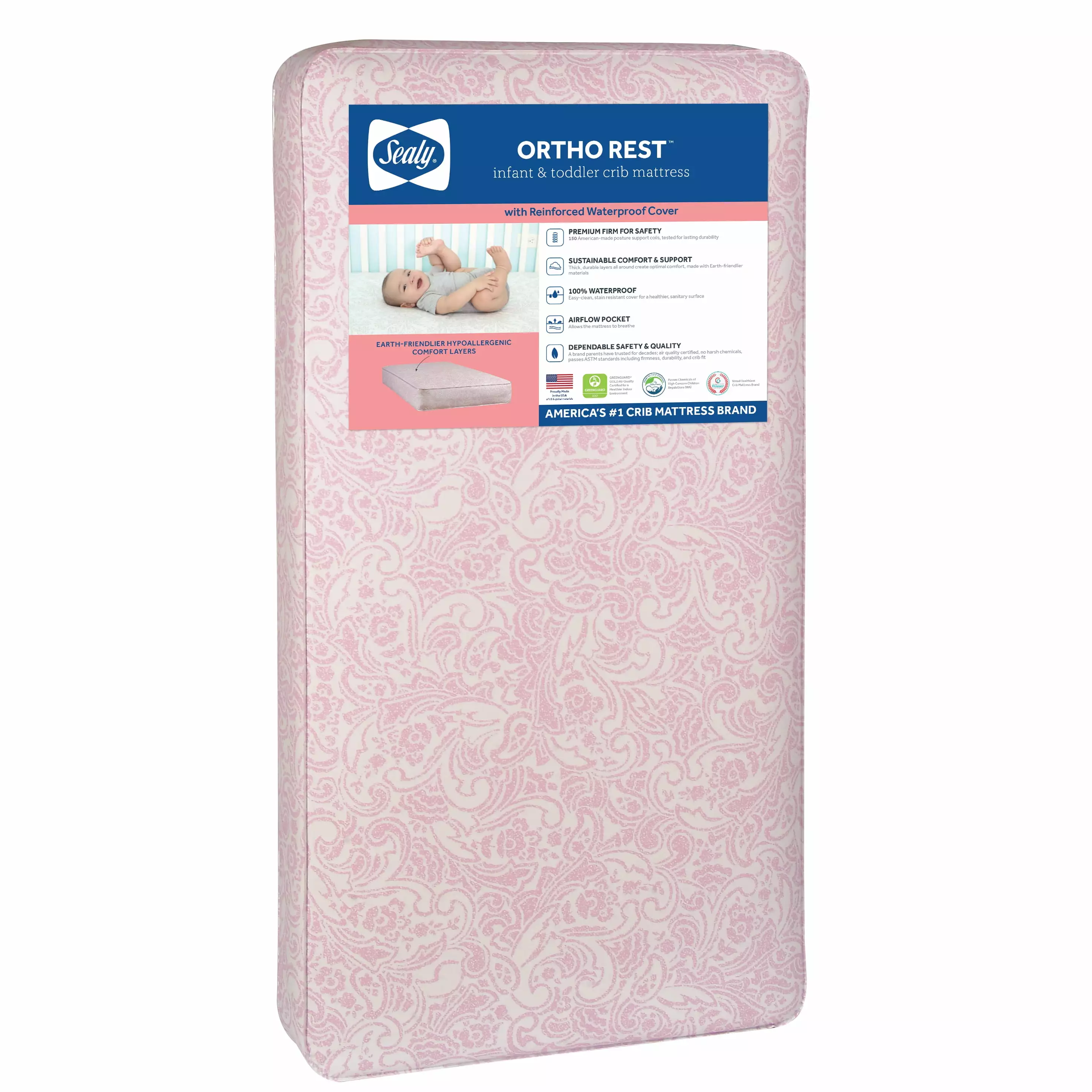 Sealy Ortho Rest Premium Firm Baby Crib & Toddler Mattress. 150 Coil. Pink