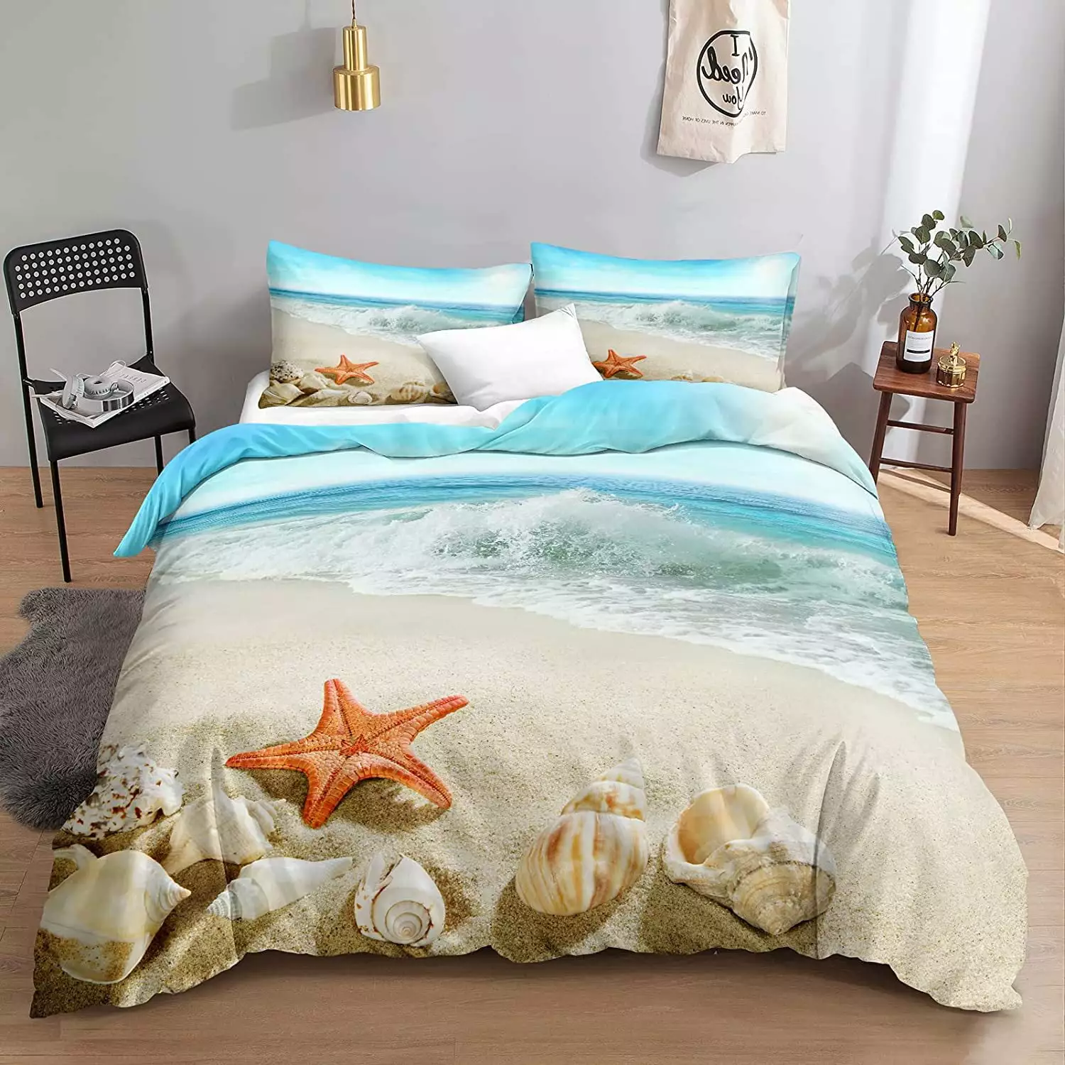 Seashell Beach Theme Coastal Quilt Set. 3 Piece Bedding Set with 2 Pillowcases & 1 Quilt Cover.Twin/Full/Queen/King Size