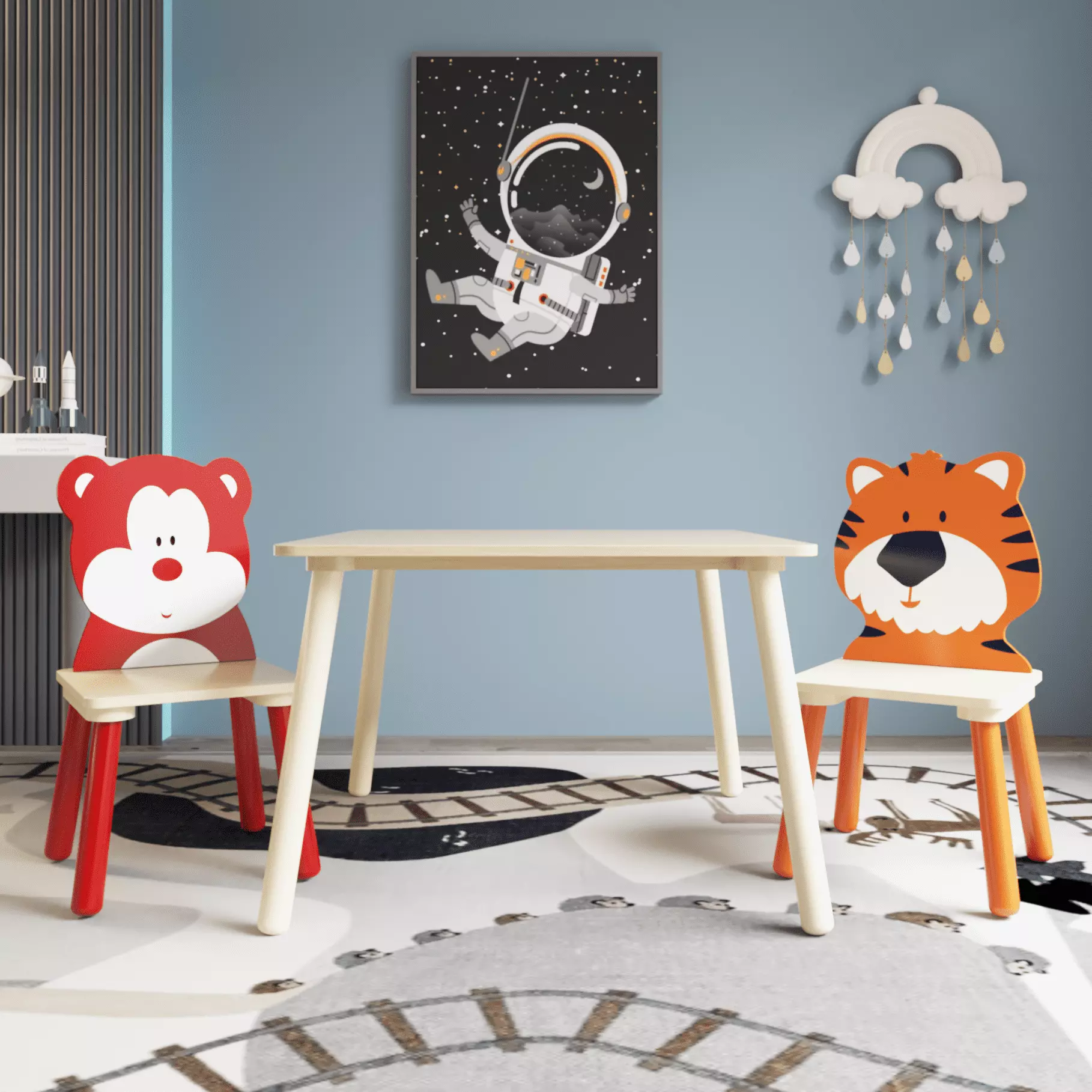 Seizeen Kids Table & Chair Set. 3 Pieces Cartoon Table with 4 Chairs Solid Wood Kids' Room Furniture Indoor. Kid's Room. Nursery Furniture Set. Bear&Tiger Backrest Chair