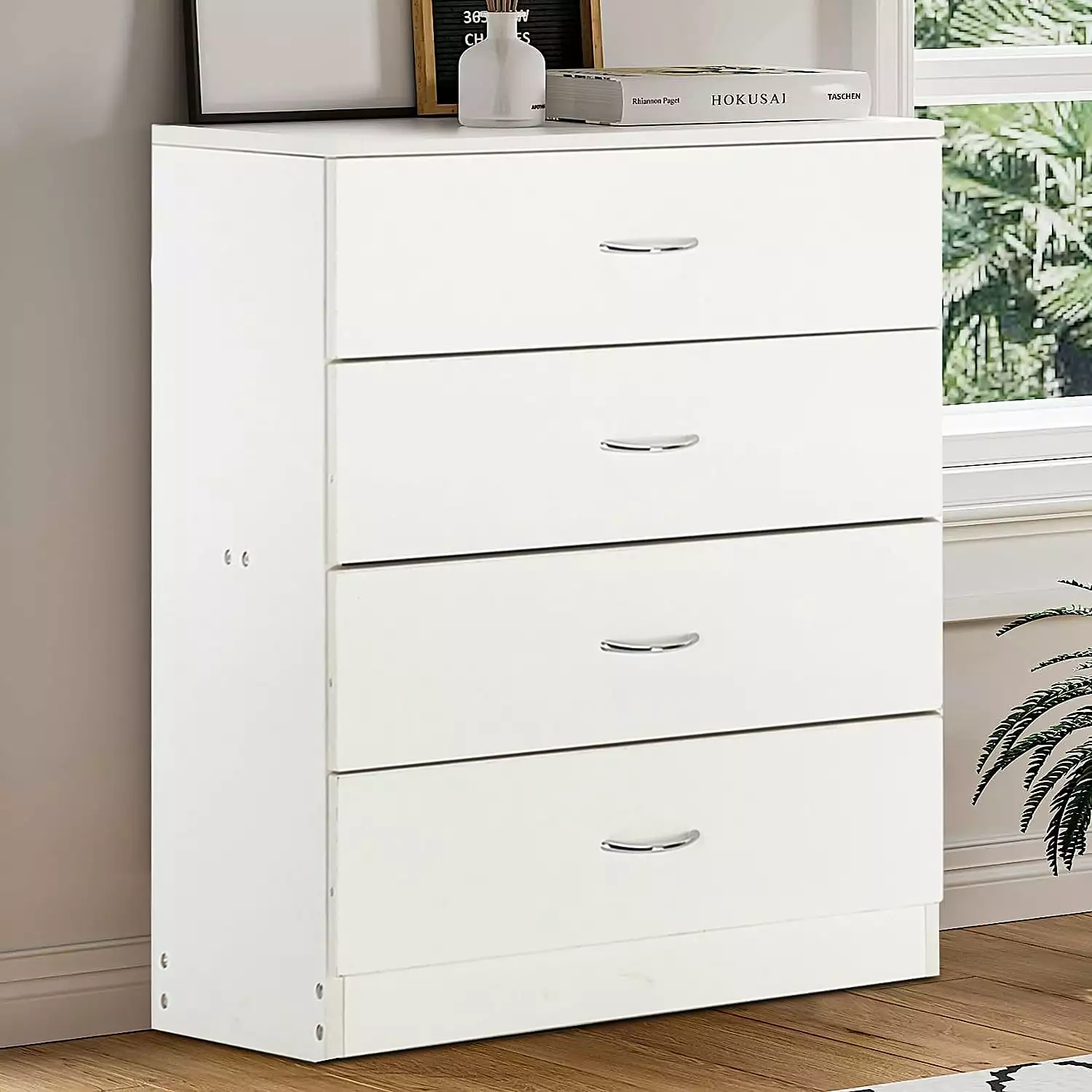 Seizeen White Dresser with 4 Drawers. Modern Wood File Cabinet. Bedroom Office Chest of Drawer