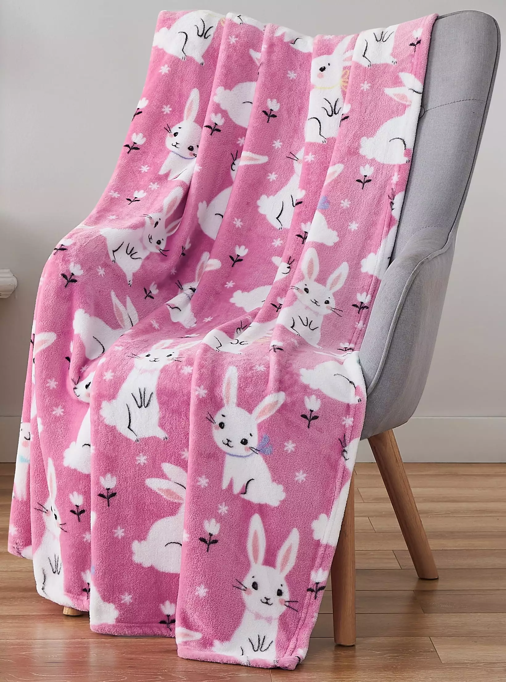 Serafina Home Spring Throw Blanket: Spring Bunnies and Flowers. Soft Cozy Velvet Fleece. Pink Blue White. 50 x 60 Inch for Girls and Boys