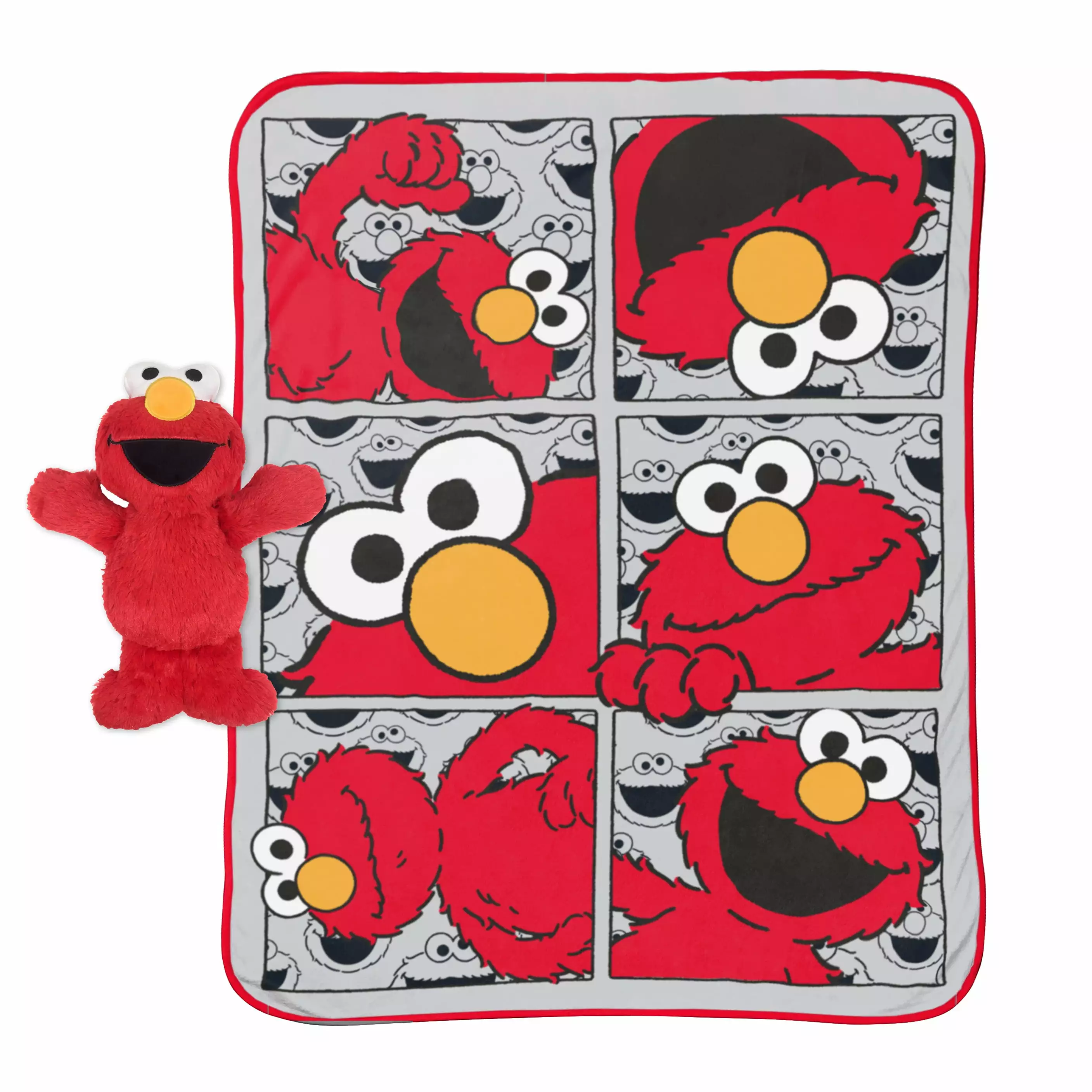 Sesame Street Hip Elmo Pillow Buddy and 40x50 inch Red & Grey Throw Blanket Set. 100% Microfiber