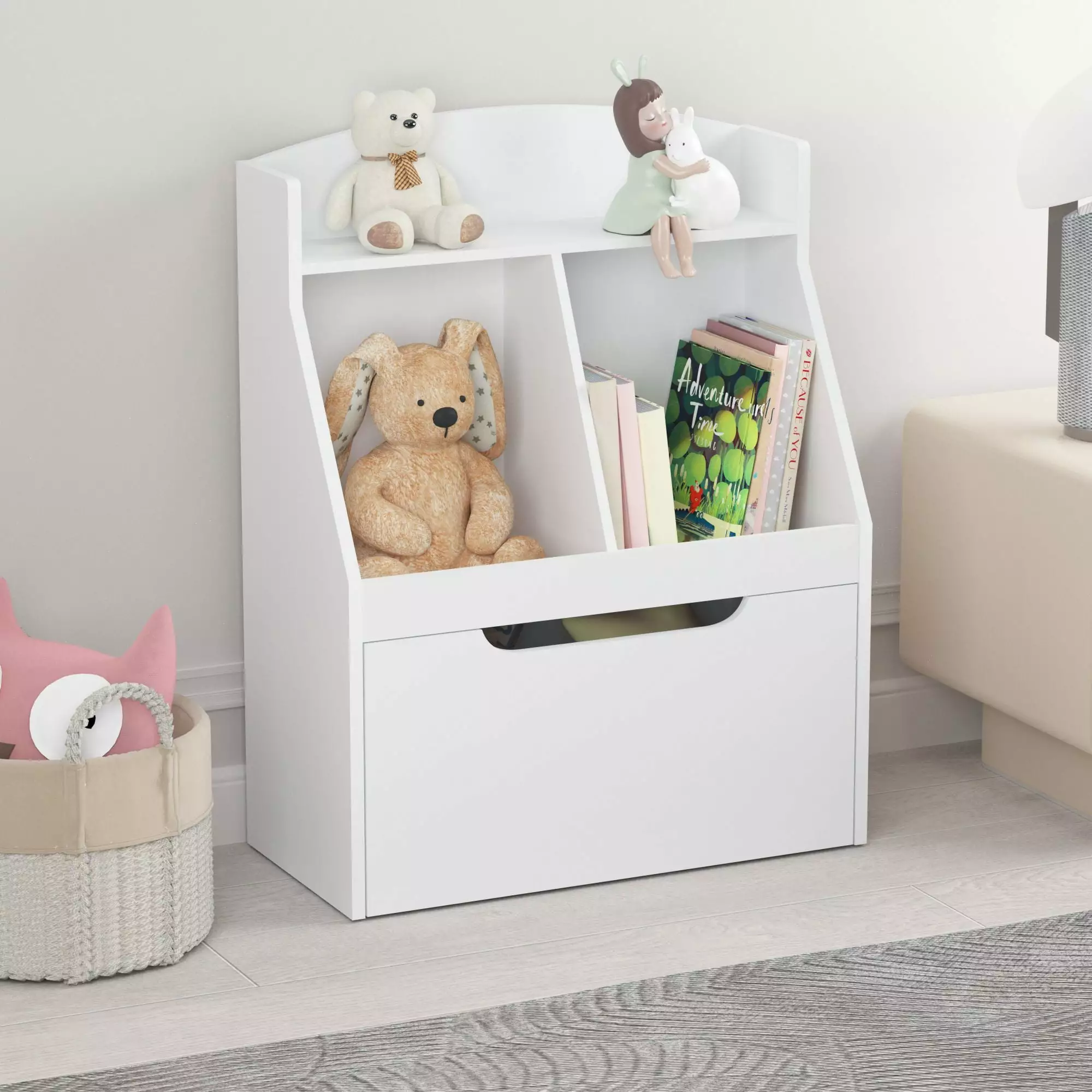 Sesslife Bookshelf for Kids with Storage. Kids Book Rack with Compartments & Sliding Storage Drawers with Wheels. Toy Organizer and Storage Cabinet with Display Stand for Boys Girls. White