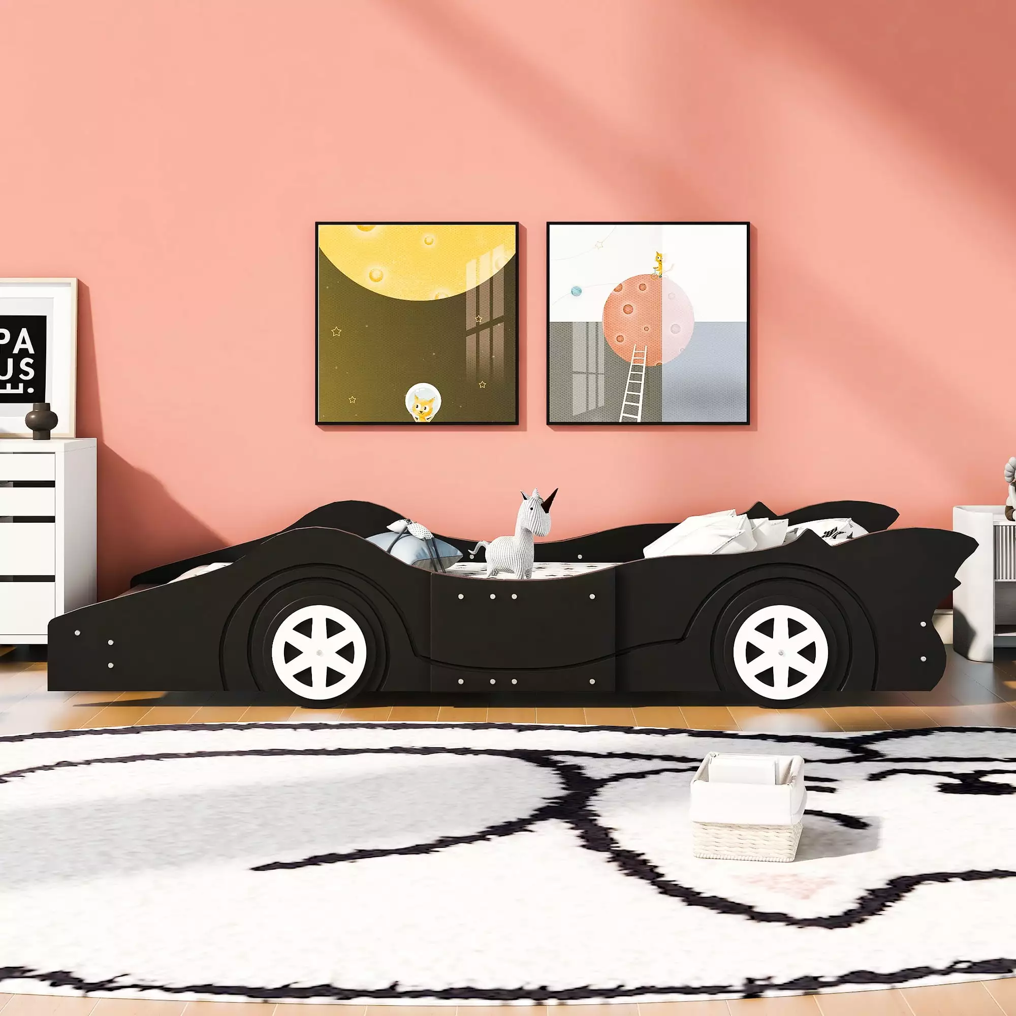 Sesslife Car-Shaped Twin Size Platform Bed with Wheels. Solid Wood Platform Bed for Kids Boys Girls. No Box Spring Needed. Lovely Twin Race Car-Shaped Bed Frame. Black