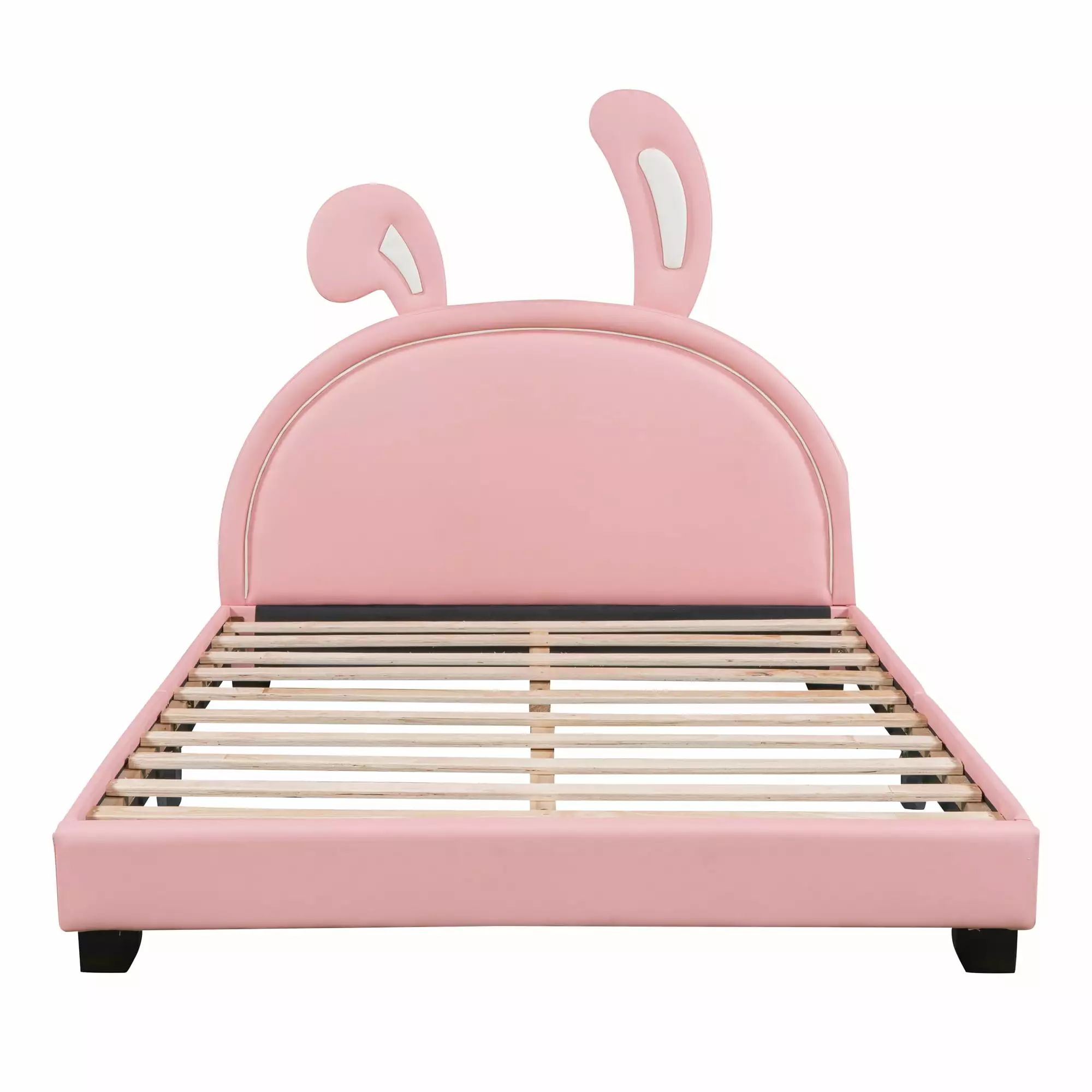 Sesslife Kids Bed Frame Full Size. Cute Upholstered Leather Platform Bed with Rabbit Ornament. No Box Spring Needed. Lovely Full Bed Frame with Headboard for Kids Boys Girls. Holds 400lbs. Pink