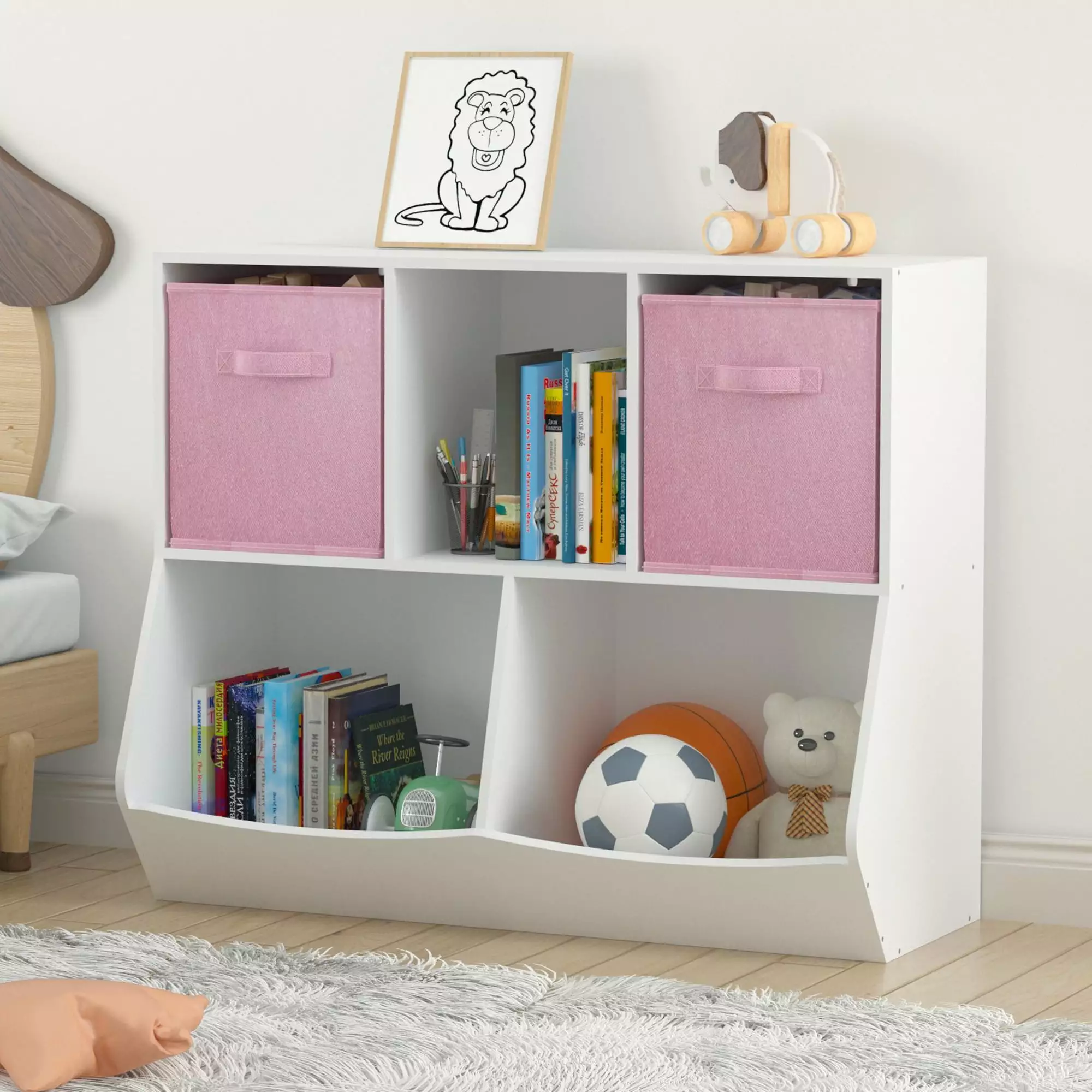 Sesslife Kids Bookshelf with Storage. Nursery Book Shelves with 2 Folding Fabric Drawers. Multifunctional Toy Organizer and Storage Cabinet for Bedroom Playroom Kids Room. Pink