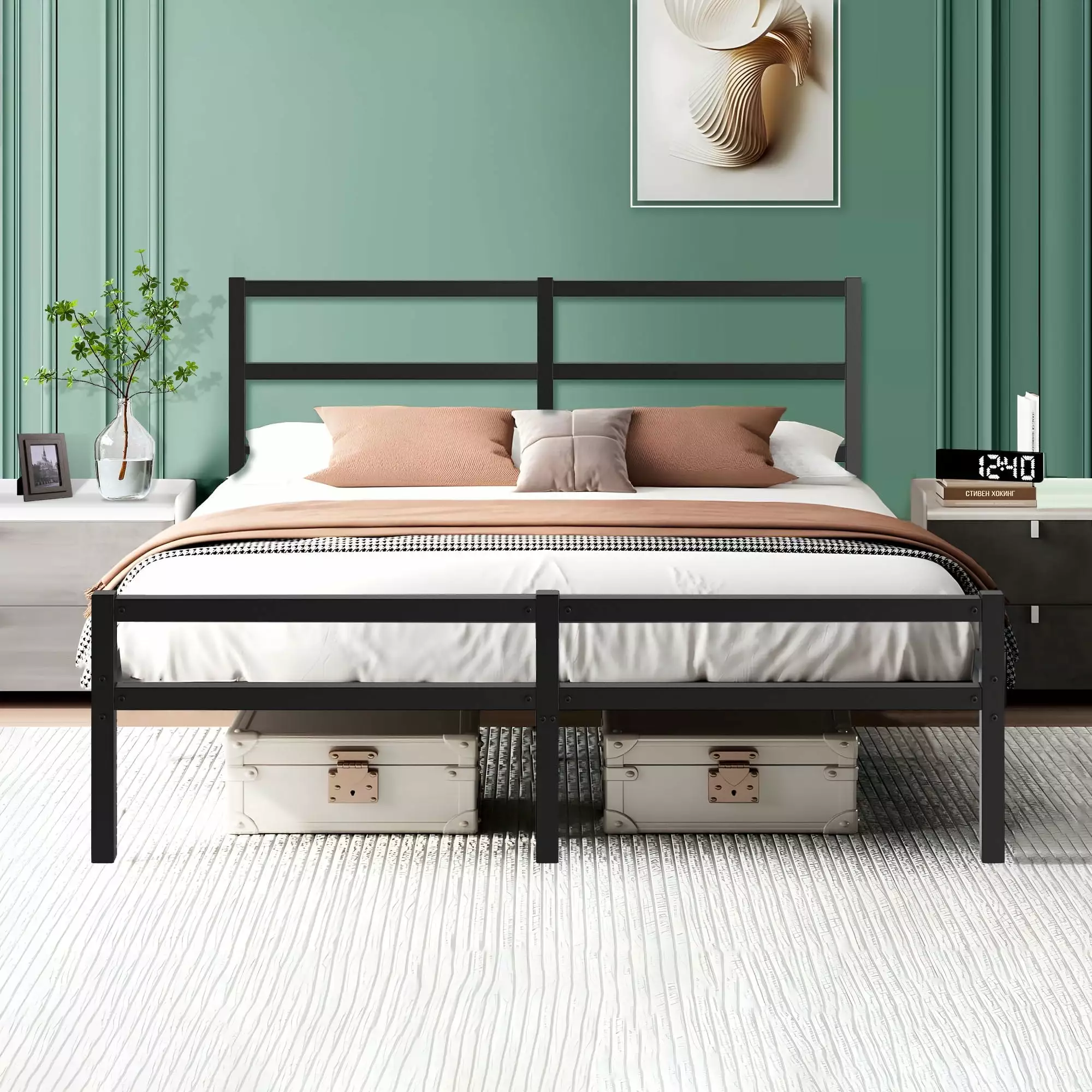 Sesslife Queen Metal Bed Frame. Black Platform with Vintage Headboard and Footboard. Sturdy Steel Slat Support. Iron Bed Frame for Bedroom