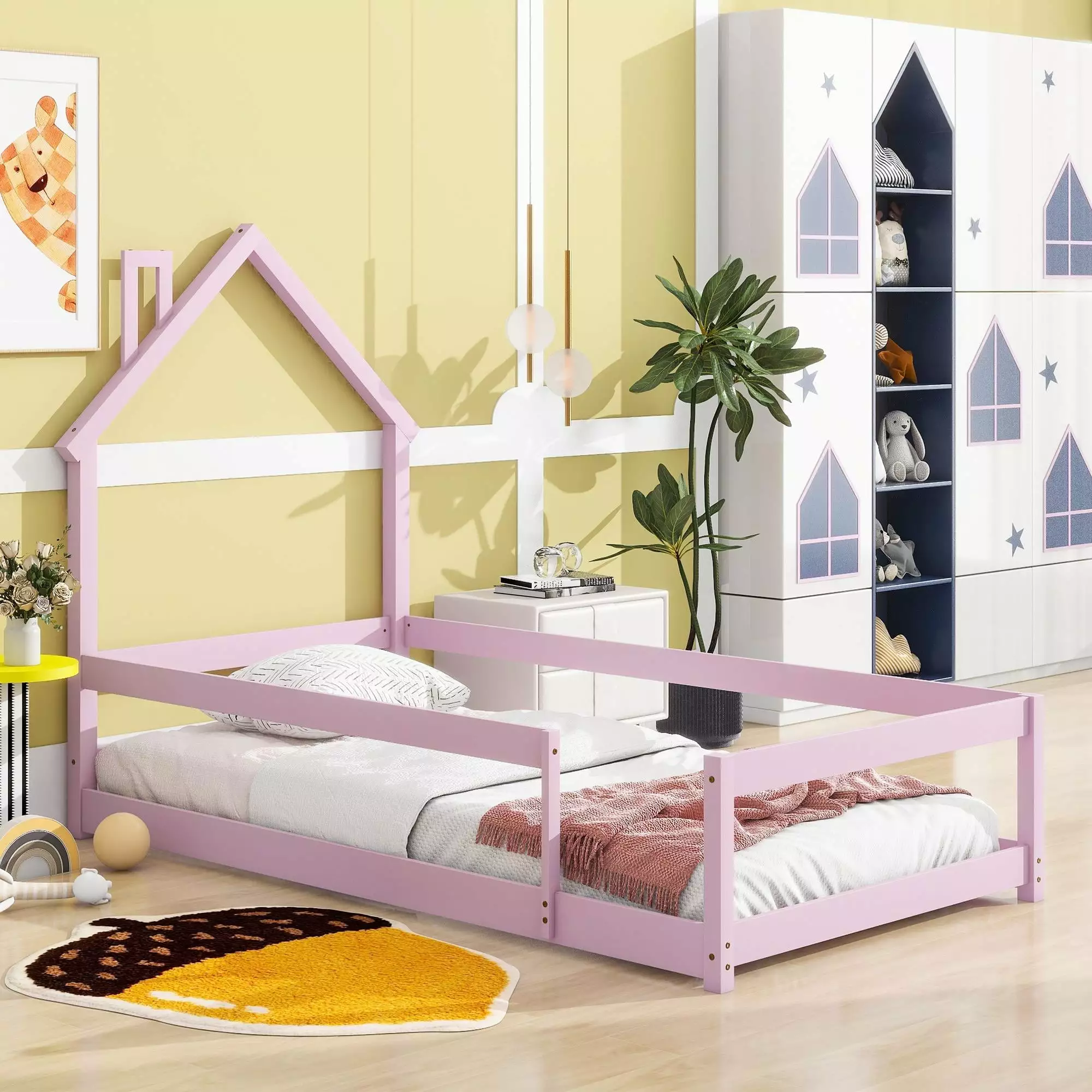 Sesslife Twin Size Floor Bed Frame for Kids. Metal Montessori Floor Beds with Safety Guardrails and Door. Floor Beds Frame for Boys and Girls. Box Spring Needed(Pink)