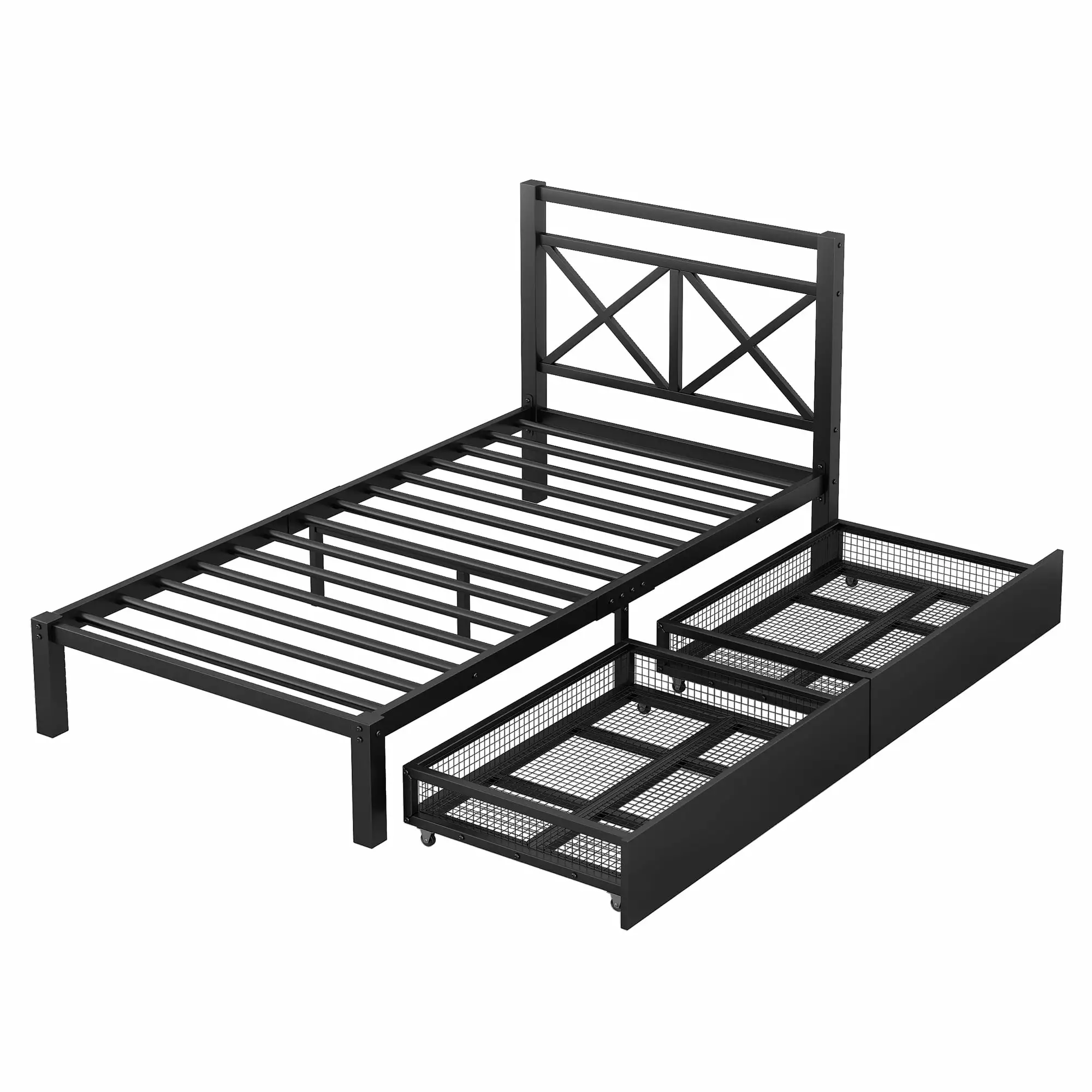 Sesslife Twin Size Metal Platform Bed with Storage. New Upgraded Metal Bed Frame with Headboard and 2 Drawers. Strong Slats Support. Twin Bed Frame for Kids. No Box Spring Needed. Black