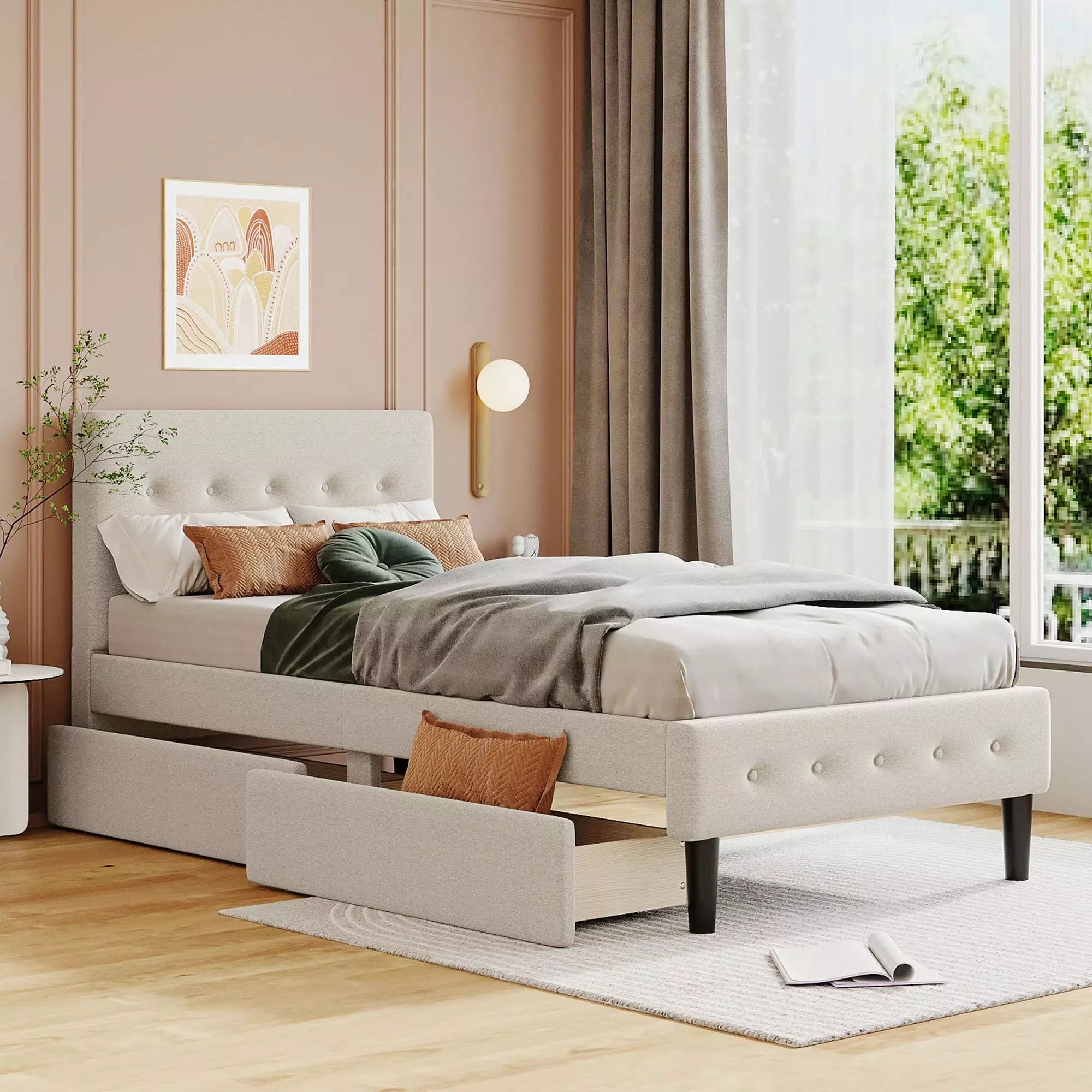 Sesslife Twin Size Upholstered Platform Bed with 2 Drawers. New Upgraded Twin Bed Frame with Button Tufted Headboard and Storage. No Box Spring Needed. Upholstered Bed for Kids Teens Adults. Beige