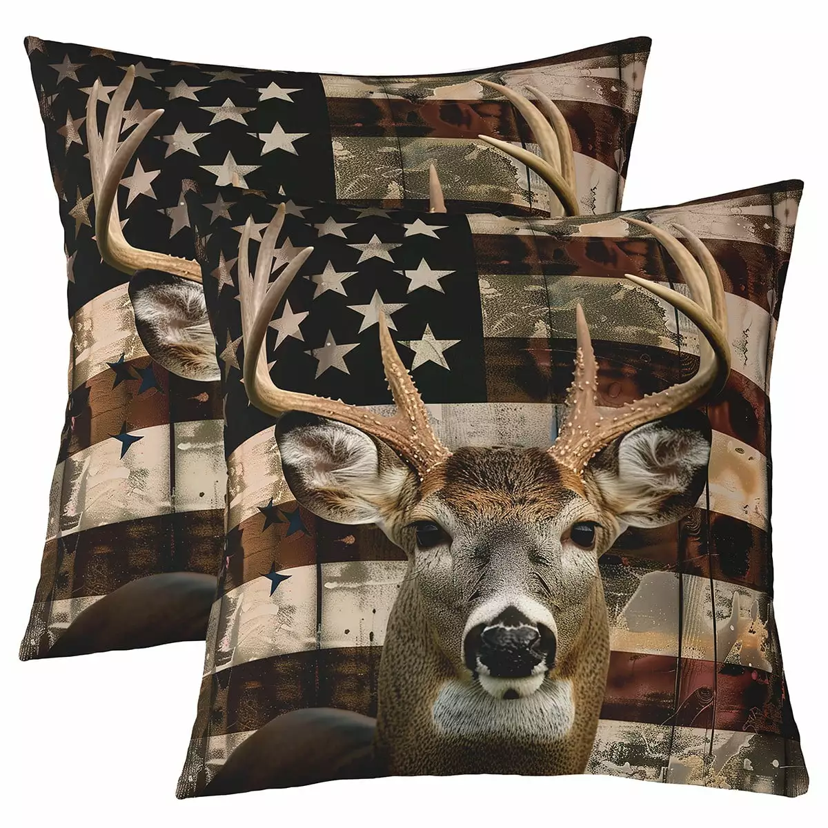 Set of 2 3D Deer Pillow Covers 18x18 Inch.Brown Antler Elk Cushion Covers.Retro American Flag Throw Pillow Covers.African Jungle Safari Animal Decorative Accent Pillow Cases For Couch.Bedroom Decor