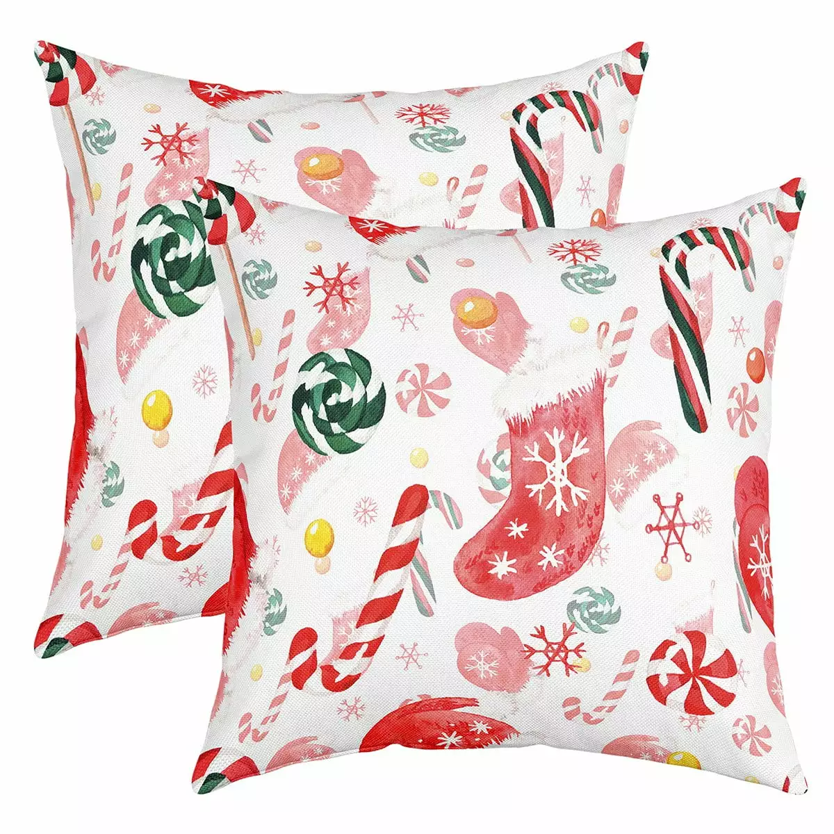 Set of 2 Pink Christmas Pillow Covers 18x18 Inch.Girly Magic Snowflake Throw Pillow Covers.Christmas Socks Decorative Pillow Covers.xmas Hats Candy Cane Winter Festival Cushion Cases Bedroom Decor