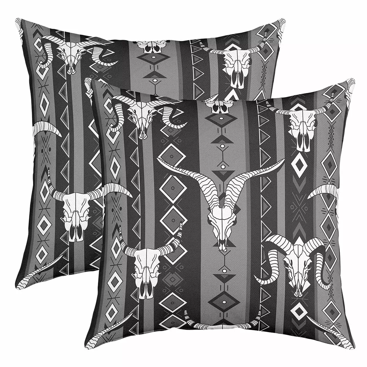 Set of 2 Western Boho Decorative Pillow Covers 18x18 Inch Bull Skull Cowboy Throw Pillow Covers Black White Grey Southwestern Aztec Pillow Covers Ethnic Tribal Geometric Diamond Cushion Covers