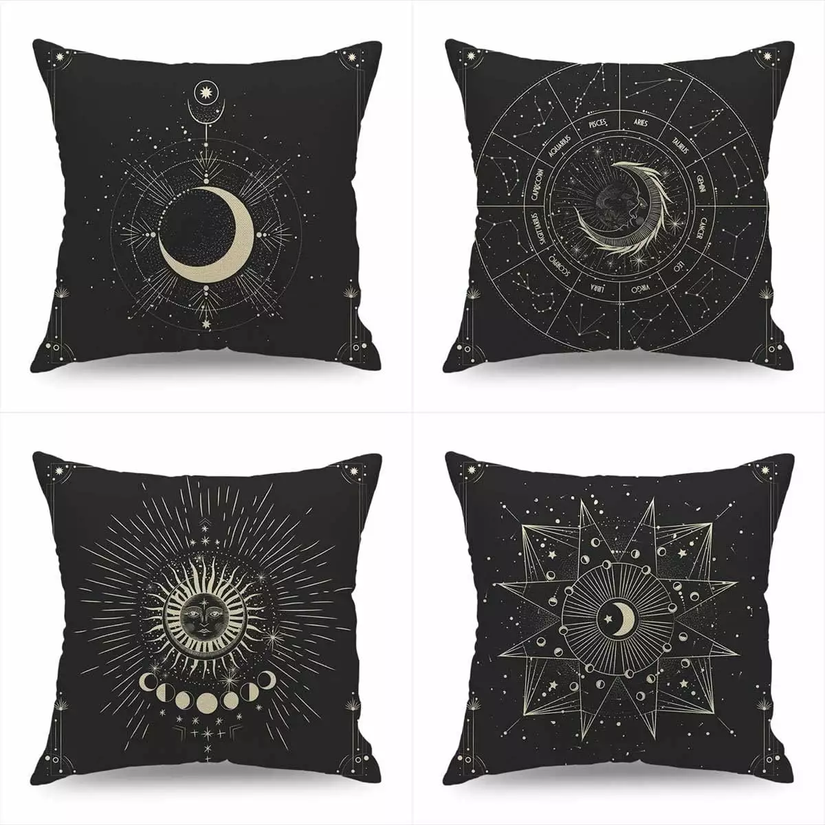 Set of 4 Retro Sun and Moon Mandala Bohemian Style Summer Decor Square Cushion Case Decorative for Sofa Couch Patio 18 x 18 Inch