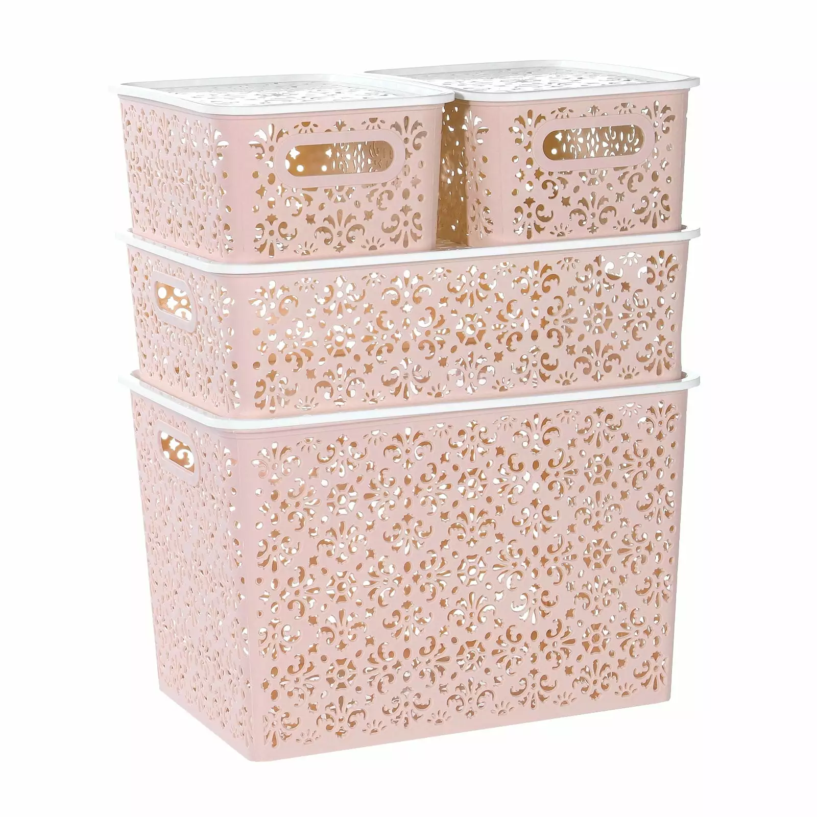 Set of 4 Stackable Lace-Design Storage Bins Plastic Home Organizer Container with Lids for Bathroom Closet Crafts. Pink