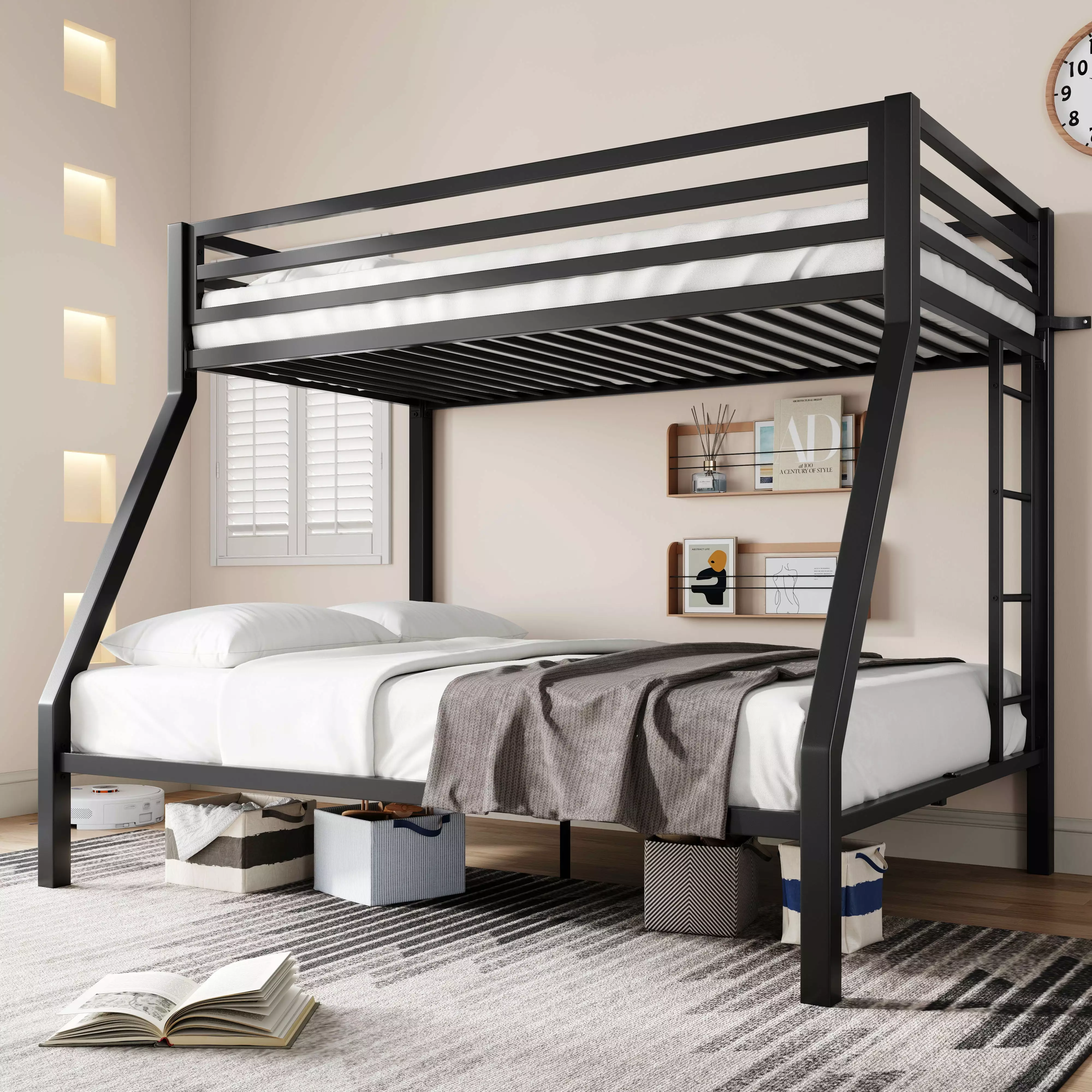 Sha Cerlin Black Twin over Full Size Metal Bunk Bed with Removable Durable Ladder