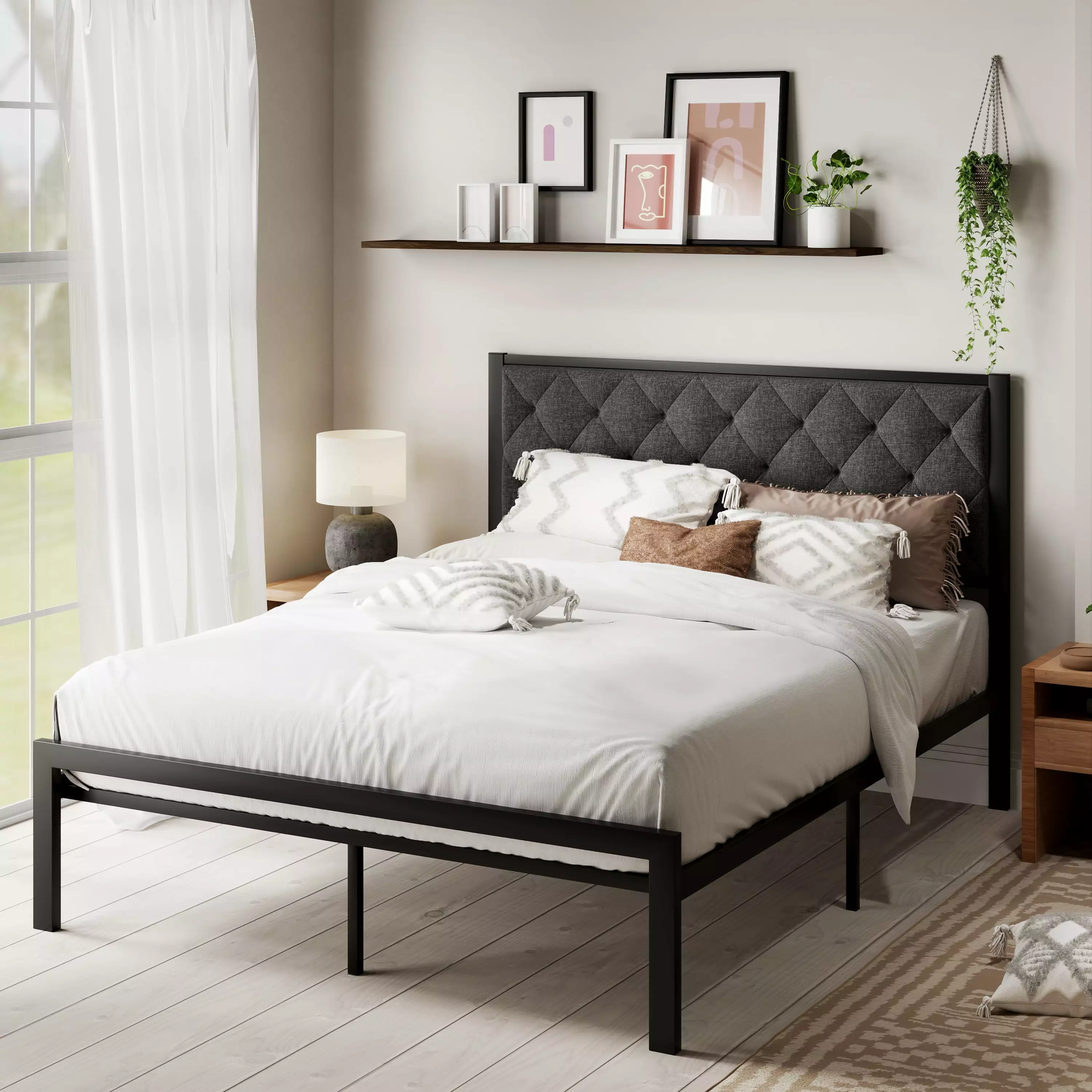 Sha Cerlin Queen Size Metal Platform Bed Frame with Tufted Headboard & Underbed Storage. Dark Gray