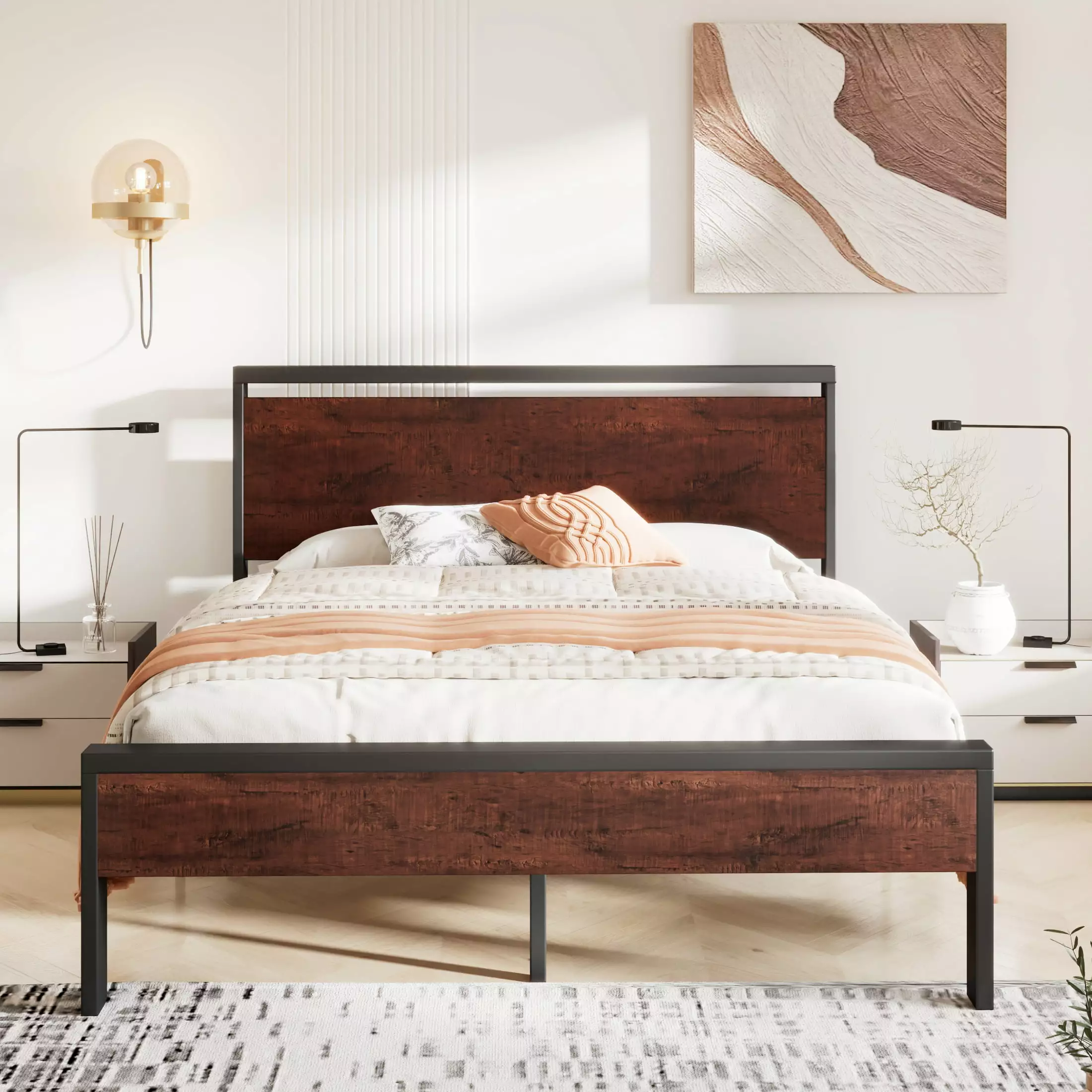 Sha Cerlin Walnut Queen Size Metal Platform Bed Frame with Wooden Headboard & Underbed Storage. Adult