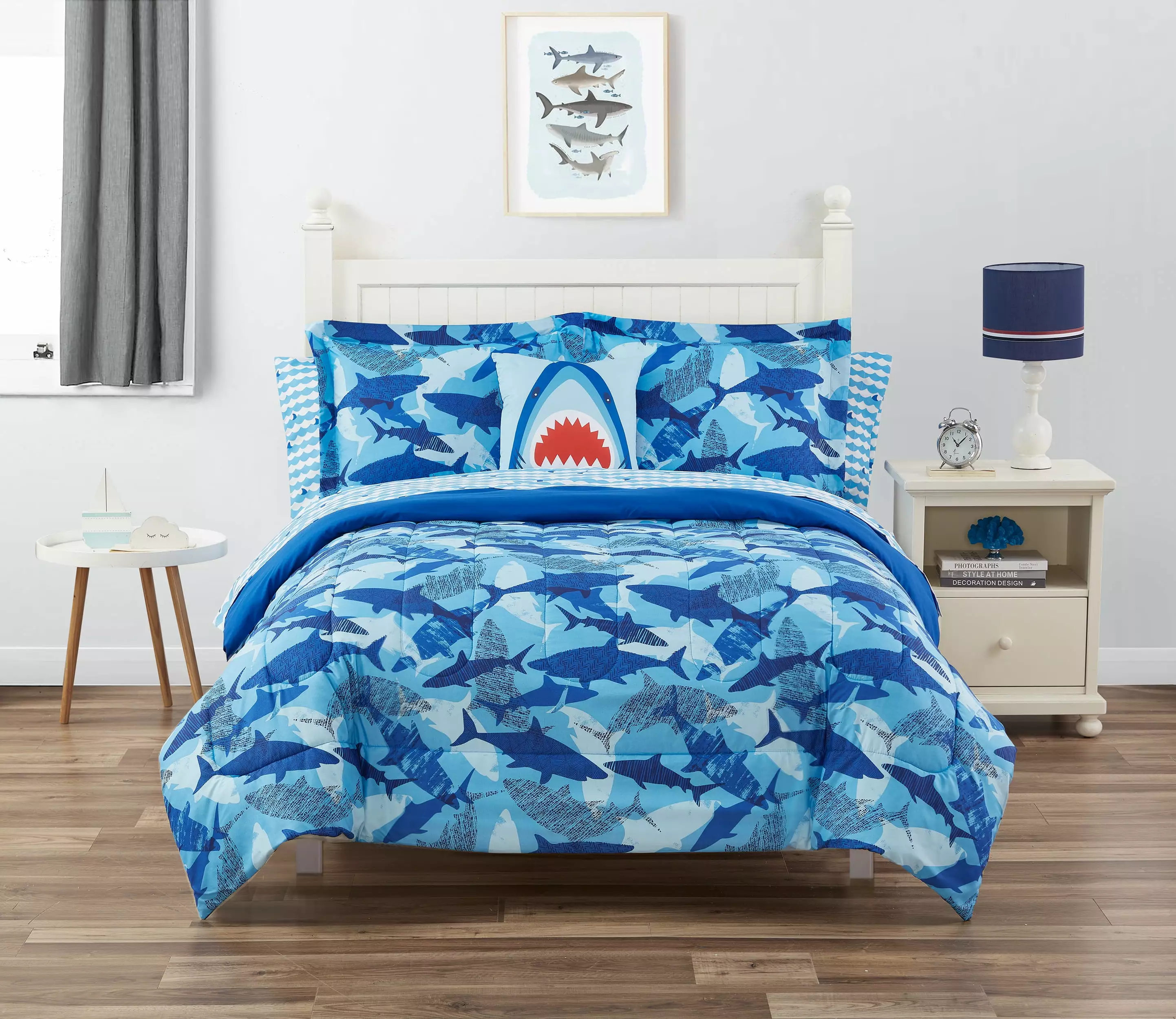 Shark Bite Dark Blue 8 Piece Microfiber Comforter Set - Full