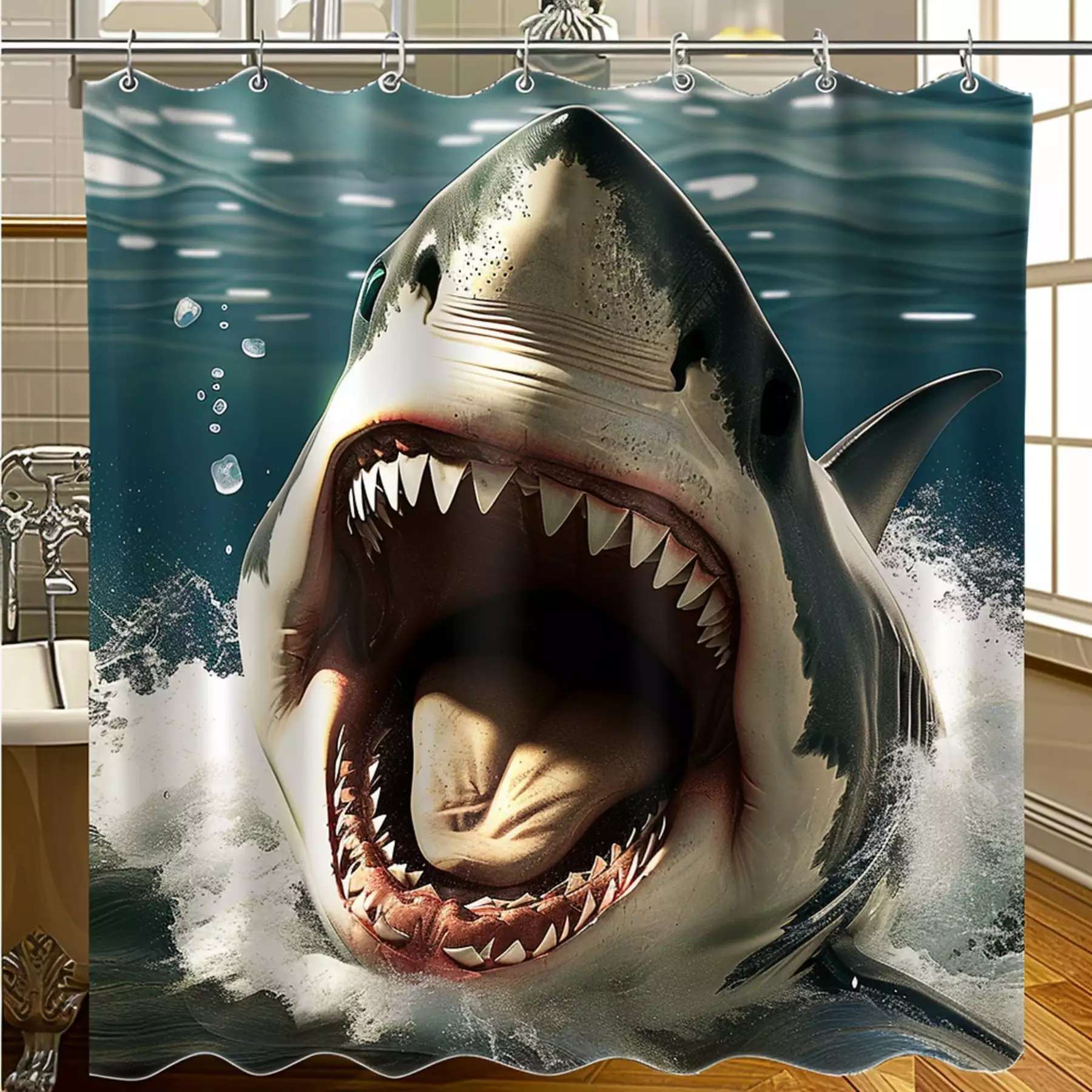 Shark Head Shower Curtain Hyper Realistic Photo Open Mouth & Sharp Teeth Bathroom Background