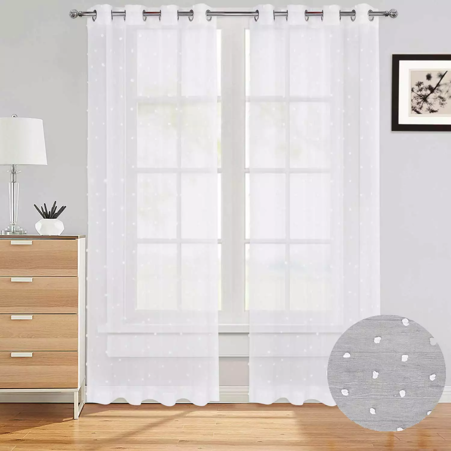 Sheer Window Curtains for Kids Nursery Room. Jacquard Voile Curtains with Pom Design. Faux Linen Textured Solid Grommet Sheer Curtains. 52 x 63 inch.White.2 Panels