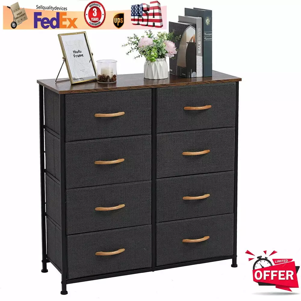 [Ship From USA] 4-Tier Wide Closet Dresser. Nursery Dresser Tower with 8 Easy Pull Fabric Drawers and Metal Frame. Multi-Purpose Organizer Unit for Closets. Dorm Room. Living Room. Hallway