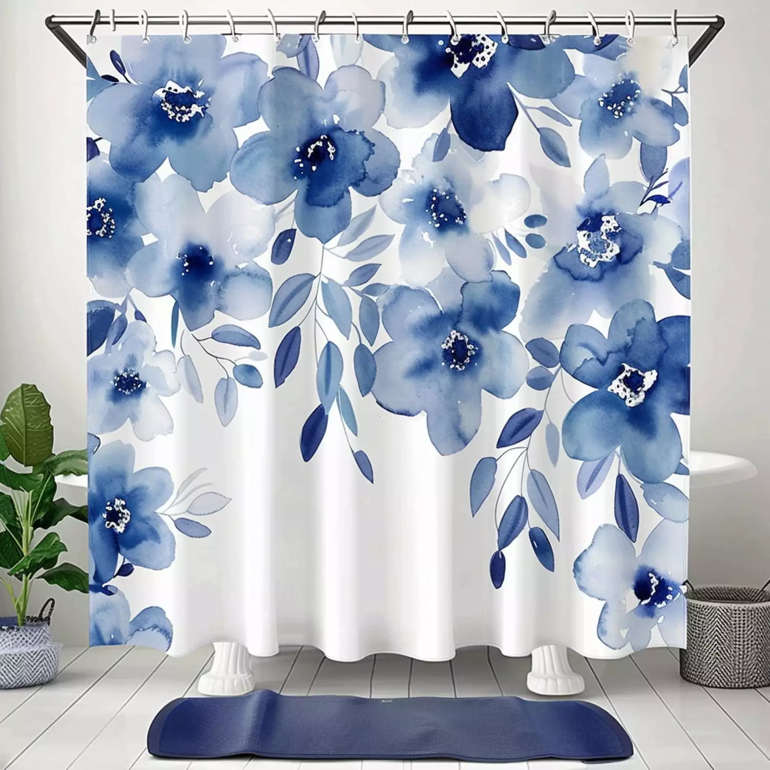 Shower Curtain Blue and White Floral Watercolor Set with Mat - Bathroom Decor Mockup - Elegant and Stylish Design