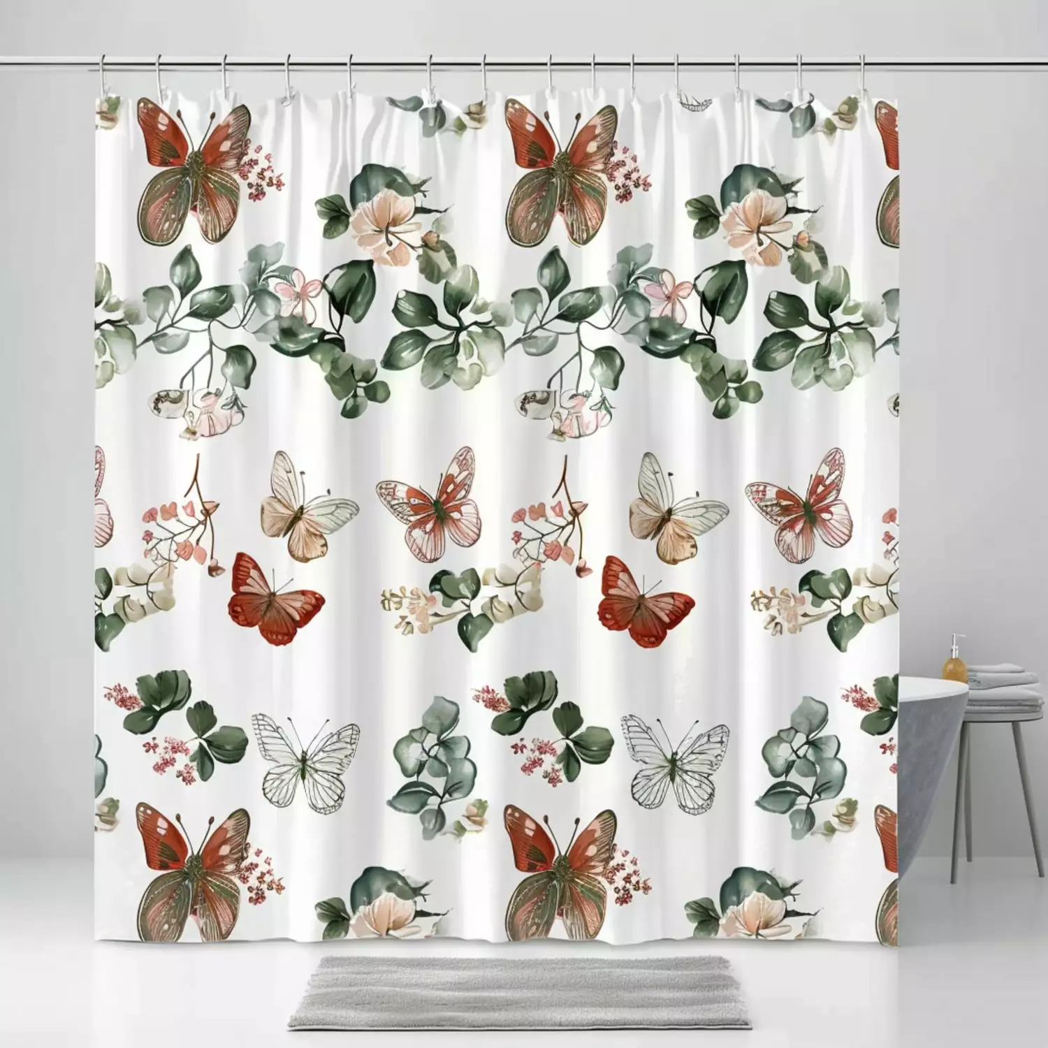 Shower Curtain Botanical Garden with Sage Green and Rust Red Floral Print on White Background - High-Quality Bathroom Decor with Clear Outline Design