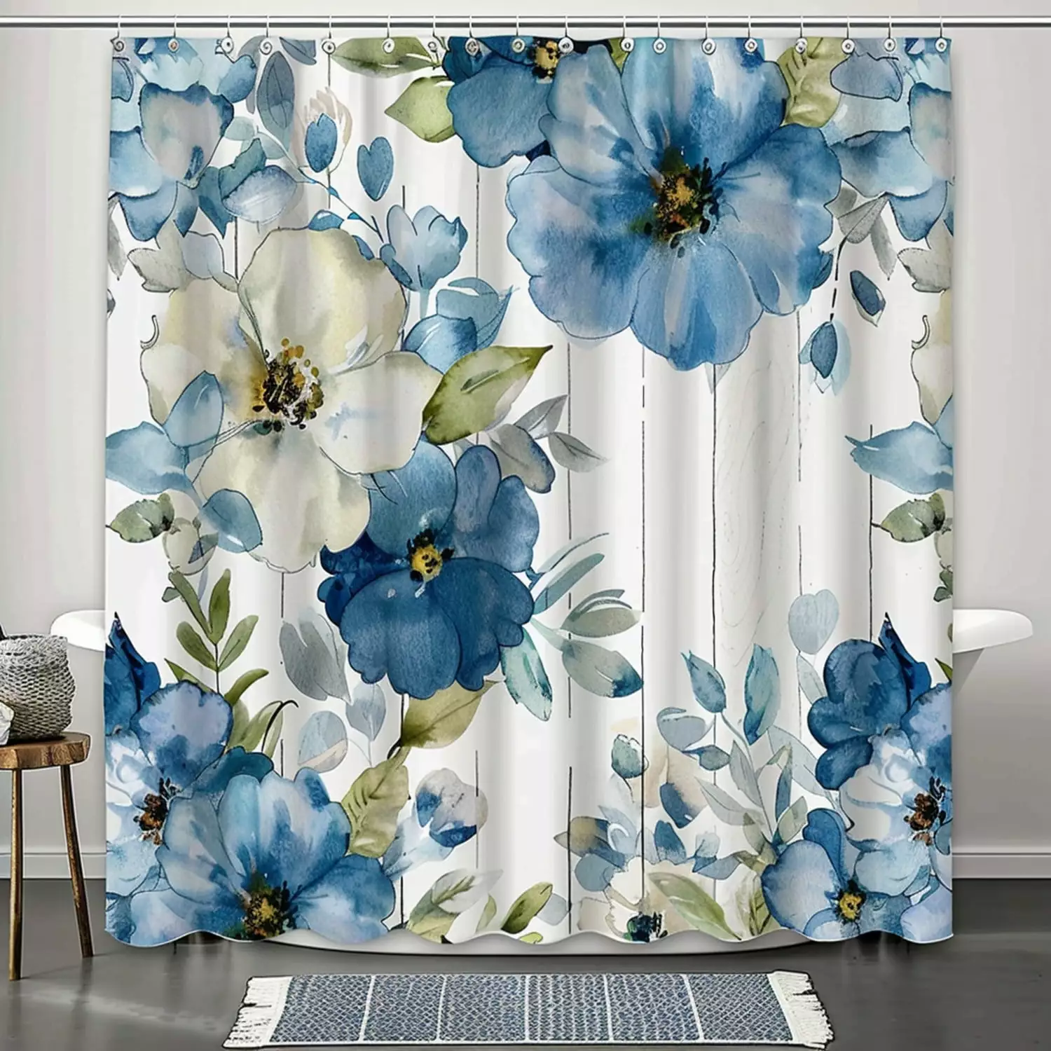 Shower Curtain Chic Floral Print - Elegant Bathroom Decor with White and Blue Design - Stylish Home Interior Theme - T ada sym. Inspired