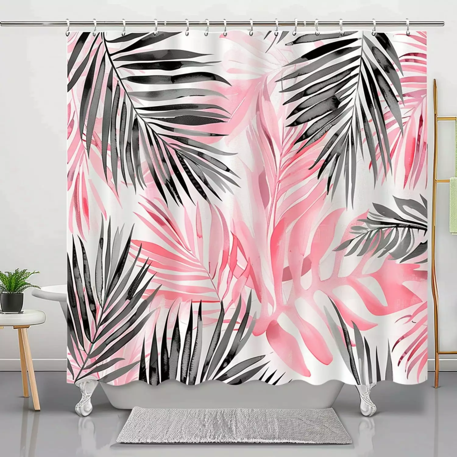 Shower Curtain Chic Pink and Grey Palm Leaves: Modern Watercolor Design Nature-Inspired Tropical Pattern Monochrome Style