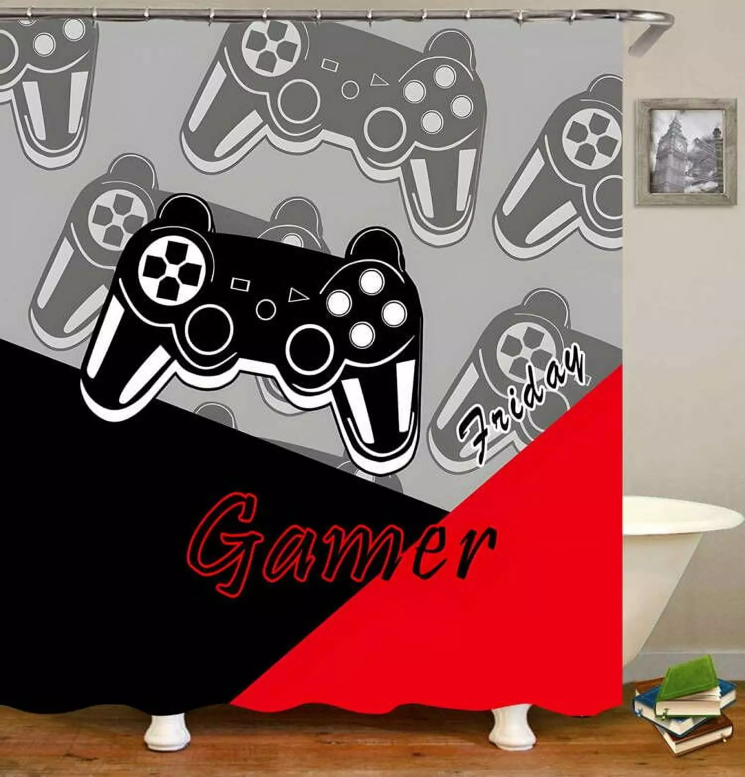 Shower Curtain Gamer Bathroom Shower Curtains Grey Red Bathroom Decor Kids Teens Video Game Gamepad Waterproof Cloth Fabric with 12 Hooks Bathroom Accessories 72x72 Inch (Grey Red Game)