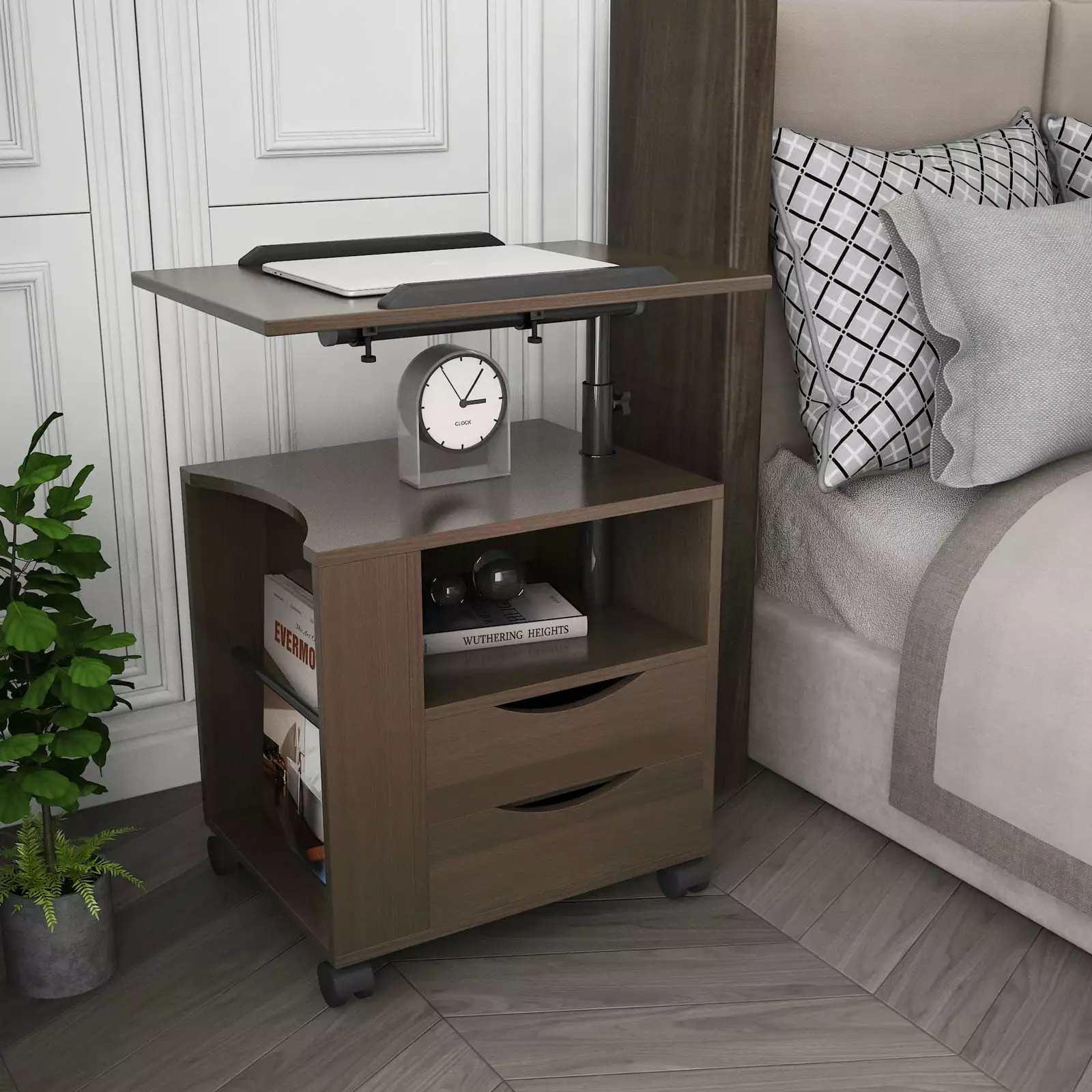 SYNGAR Nightstand for Bedroom. Overbed Desk Side Table with 360?? Swivel Top. Wheels and Storage for Laptop Reading Eating. Espresso. LJ1125