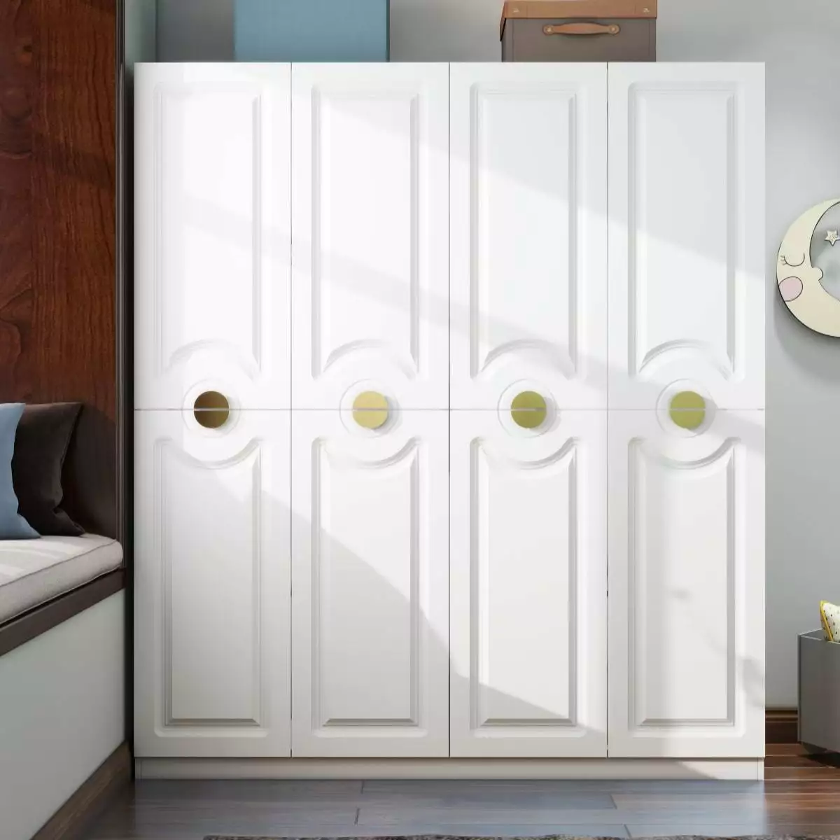 Sigoryi Modern Armoire Wardrobe Closet. 4-Door Wardrobe with 4 Internal Layers and 2 Storage Drawers. Freestanding Wood Wardrobe Closet for Bedroom (White. W63 x D20.2 x H71.7)