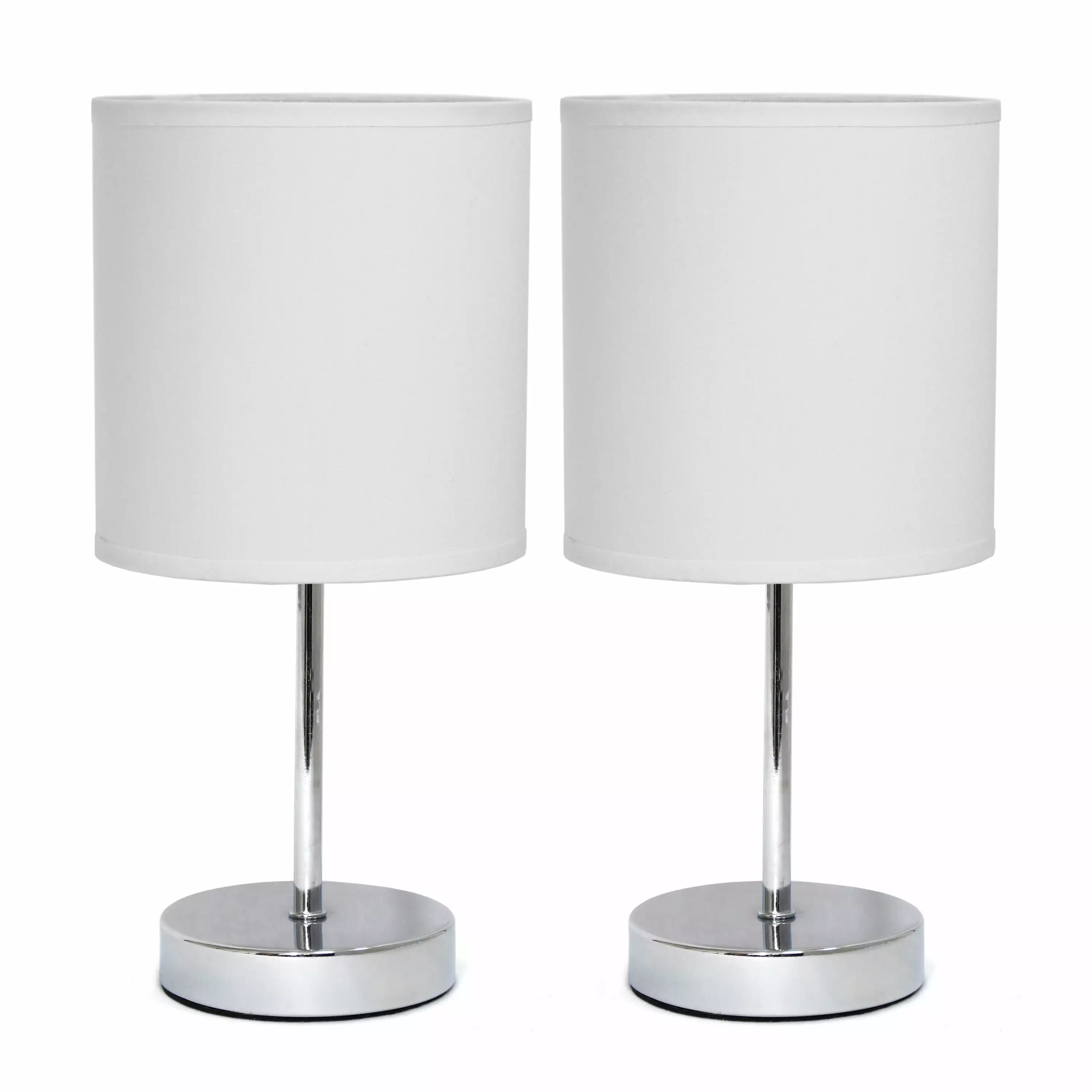 Simple Designs 11.81 2-Pack Basic Chrome Mini Table Lamp Set with Fabric Shades. White