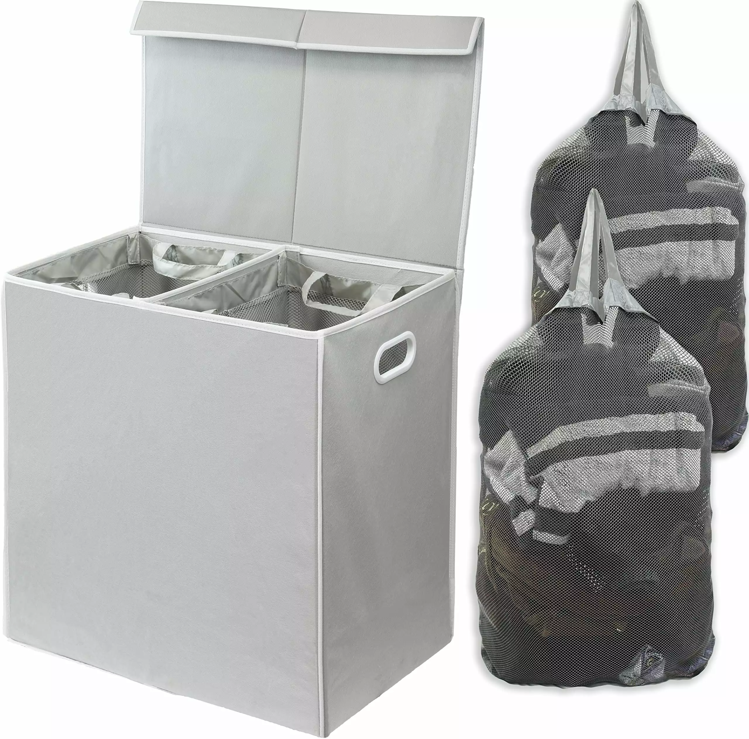 Simplehouseware Double Laundry Hamper with Lid and Removable Laundry Bags. Grey