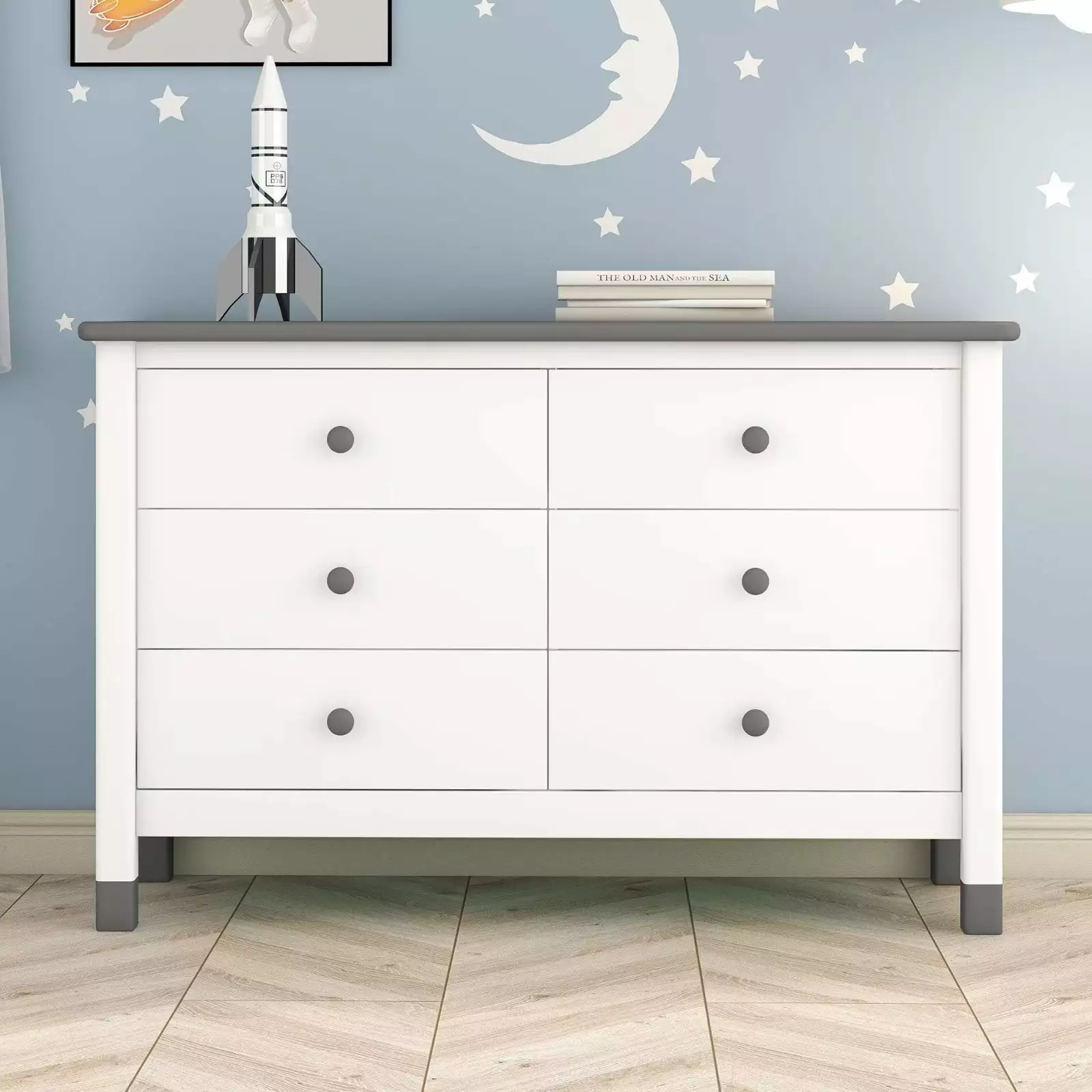 Six-Drawer Dresser. Wooden Storage Cabinet with Round Handles & Wide Smooth Tabletop Surface for Kids Adults Bedroom. White&Gray