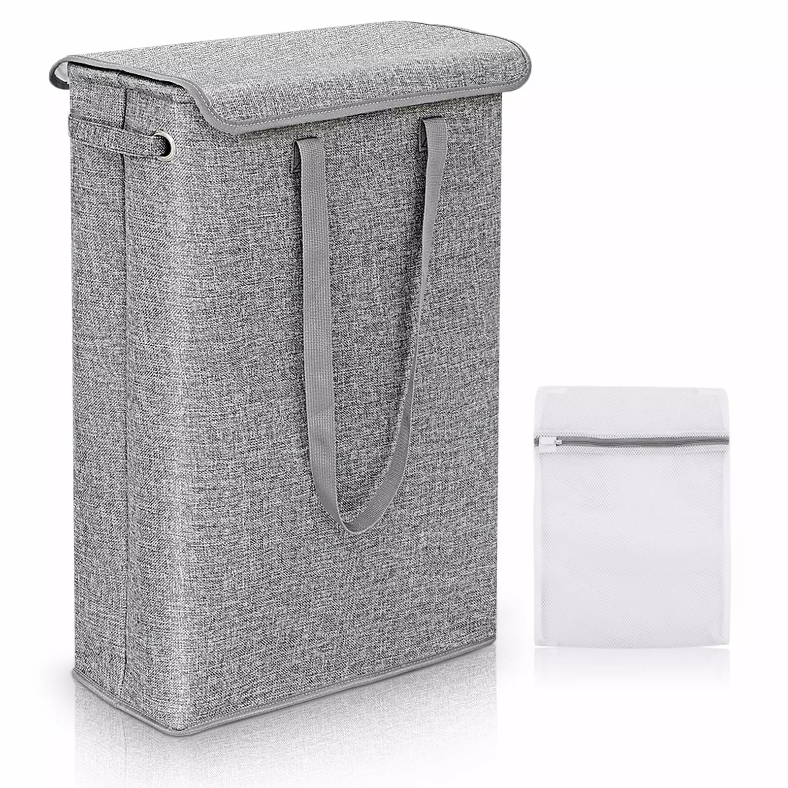 Slim Collapsible Waterproof Lining Foldable Laundry Hamper with Lid and Handles. Gray