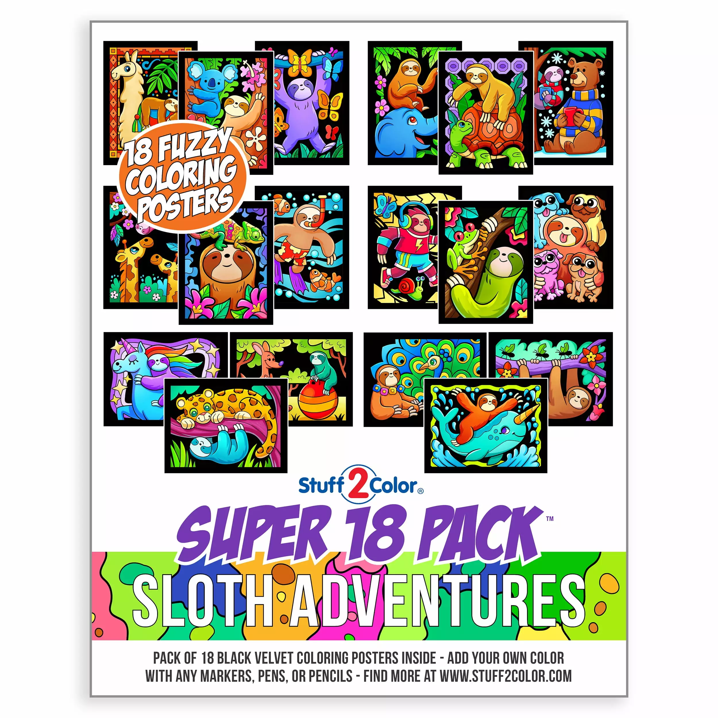 Sloth Adventures - Super 18 Pack of Fuzzy Velvet Coloring Posters (Stuff2Color)