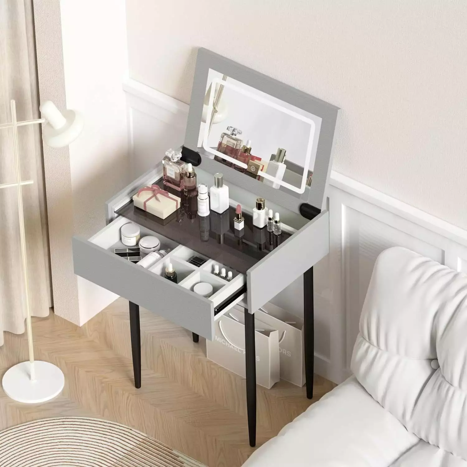 Slsy Vanity Table Set w/ Flip Top Mirror Lights.White Vanity Desk with Internal Storage Area. Compact Makeup Vanity. Practical and Space Saving. Dressing Table for Bedroom