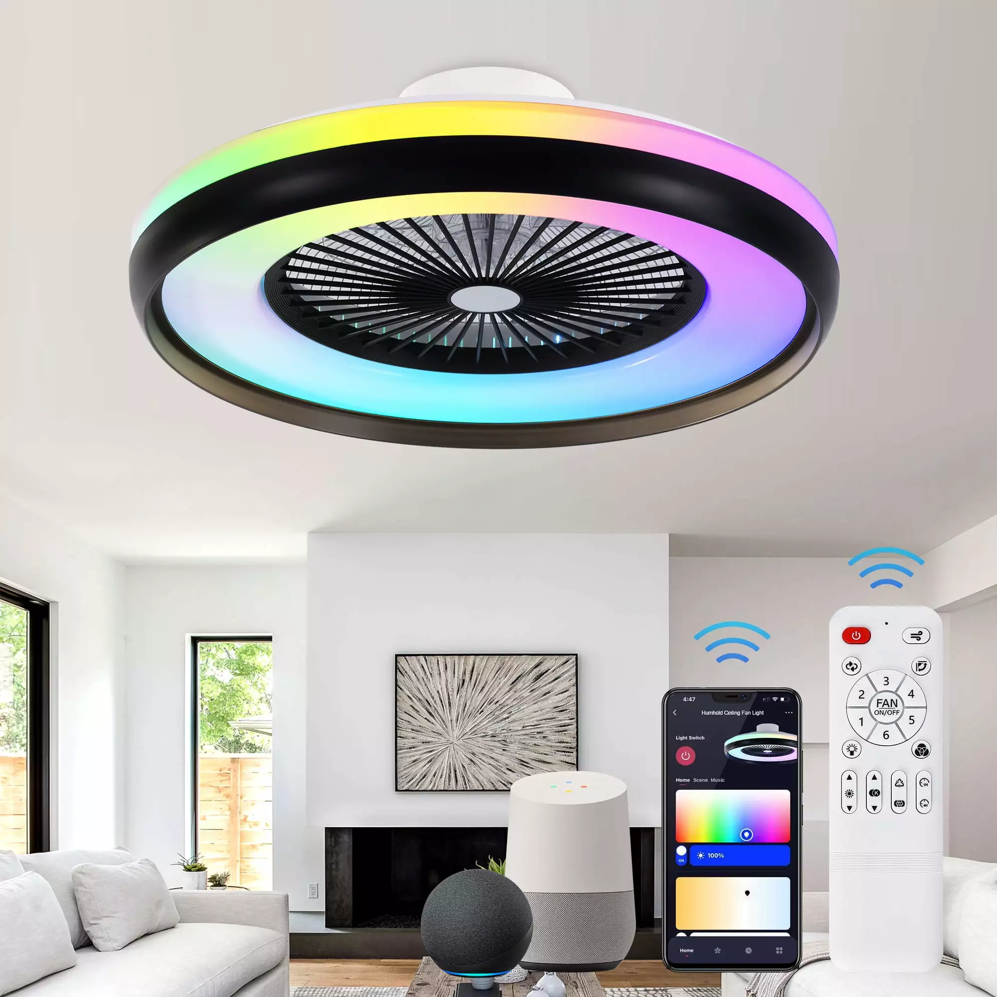 Smart 24in Ceiling Fan with LED-RGB Main Ambient Light. Alexa/Google Assistant/App Control. 3 Color Dimmable 6 Speeds Timing. Modern Reversible Quiet DC Motor Ceiling Fan